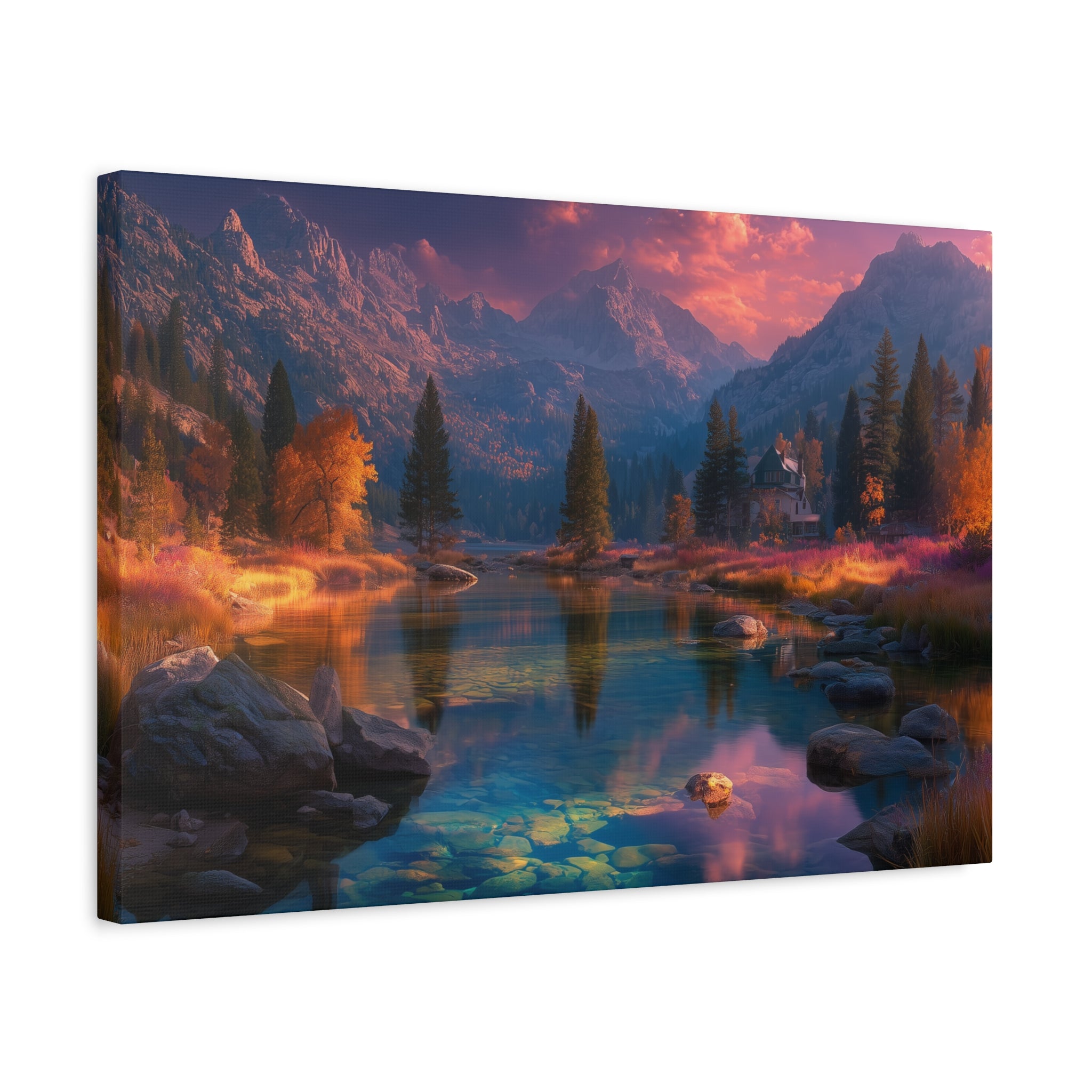Scenic Mountain Lake Matte Canvas Print Tranquil Sunset Landscape Wall Art