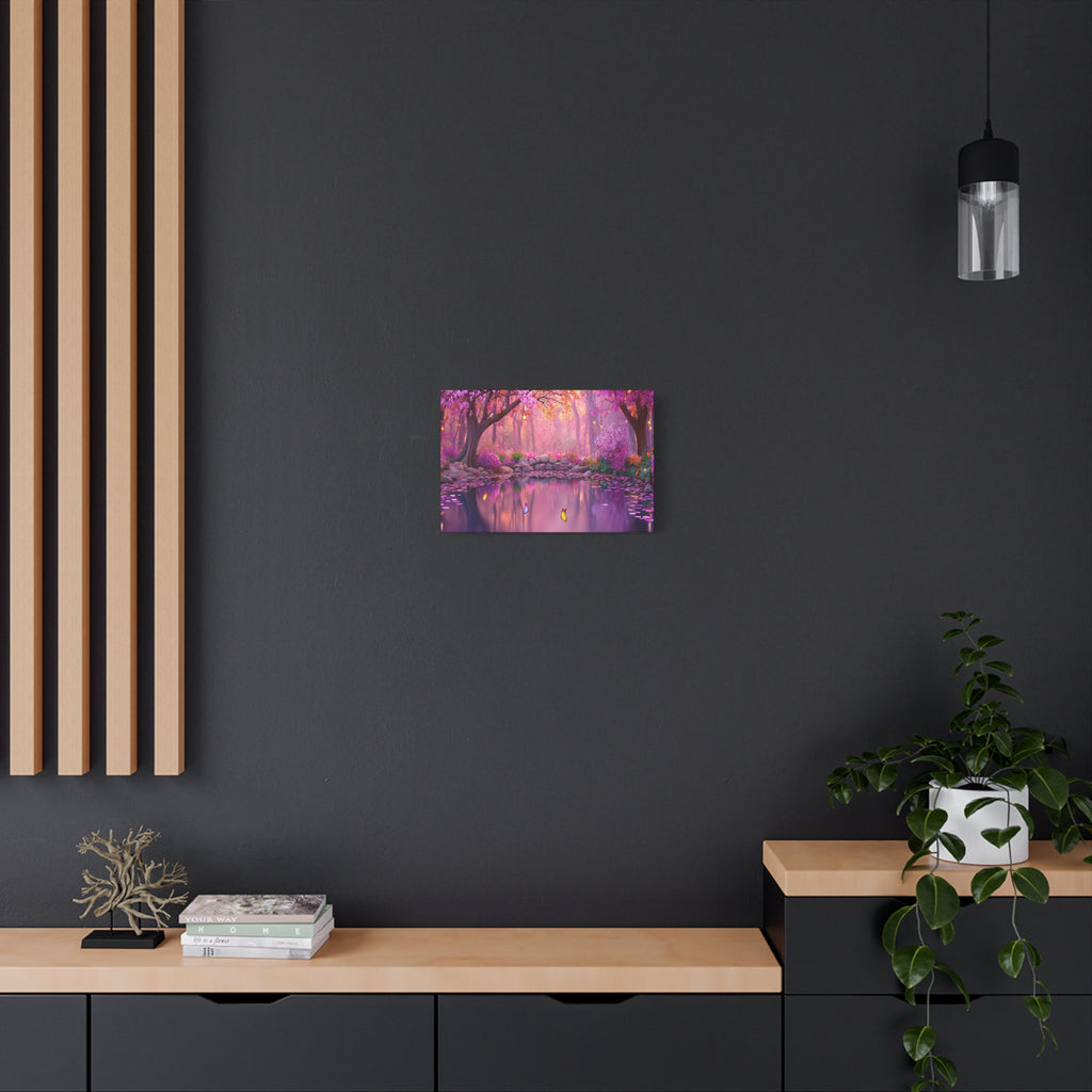 Magical Pink Forest Canvas Wall Art Tranquil Butterfly Pond Matte Stretched Print
