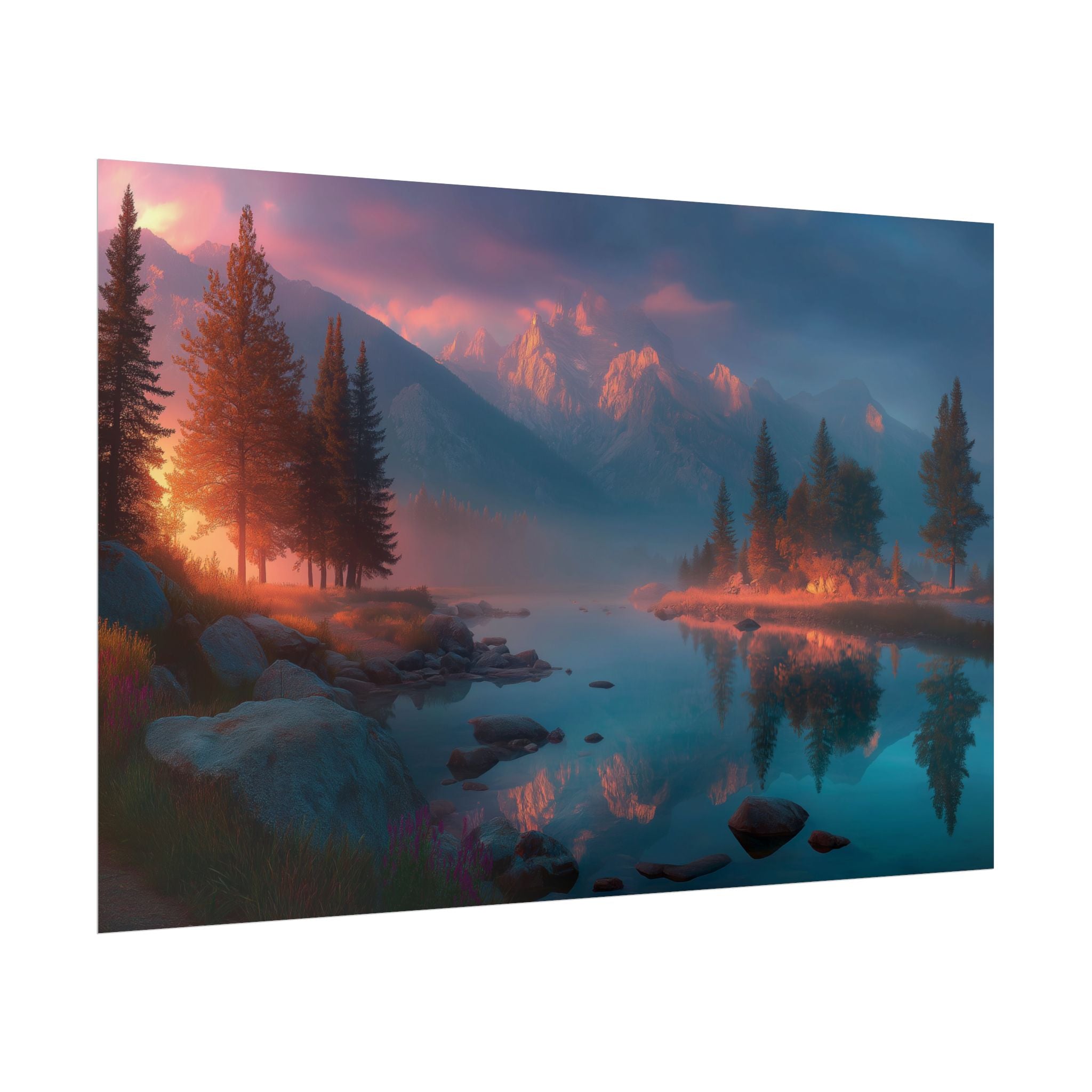 Serene Mountain Lake Sunset Landscape Wall Art