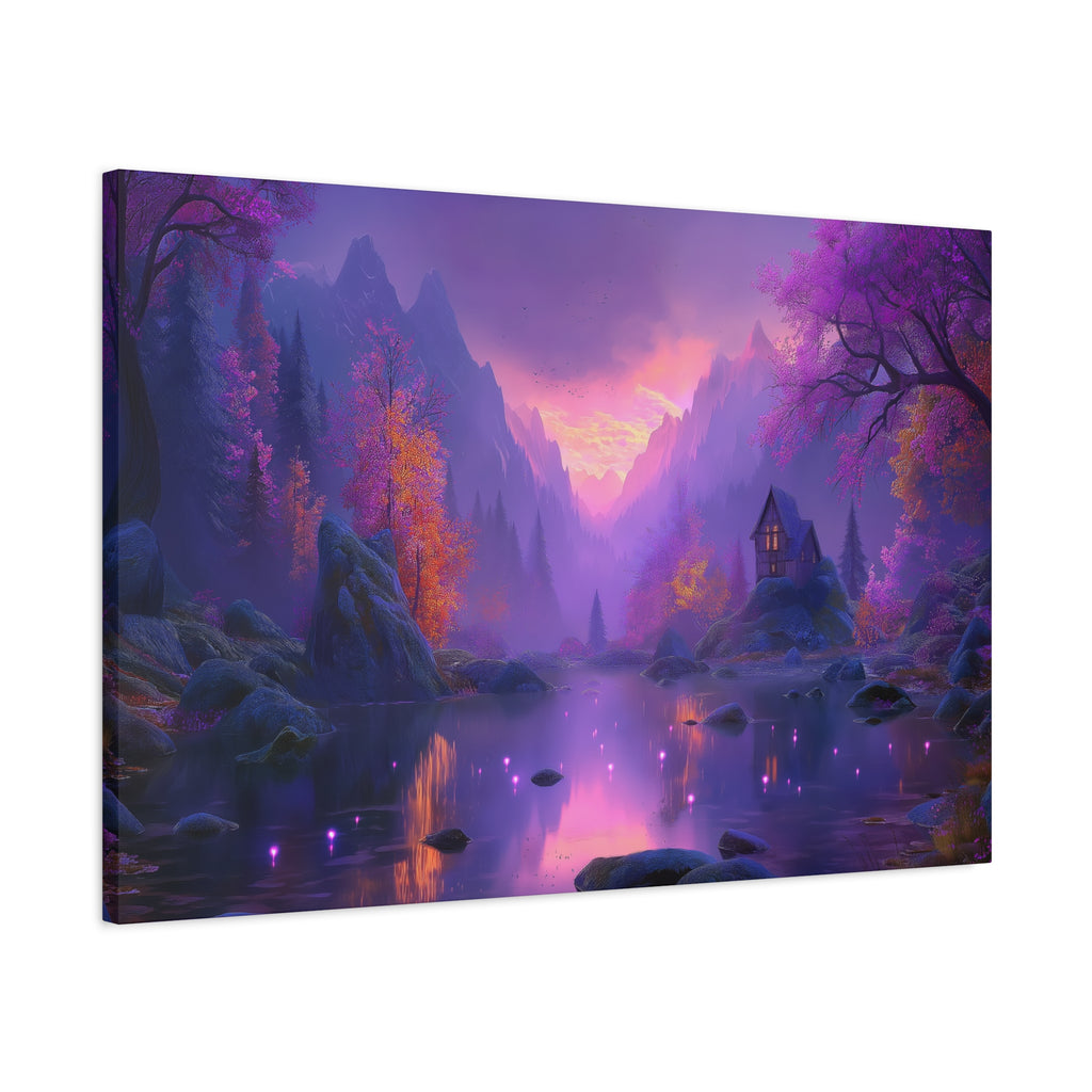 Mystical Purple Lake Landscape Canvas Fantasy Sunset Cottage Wall Art