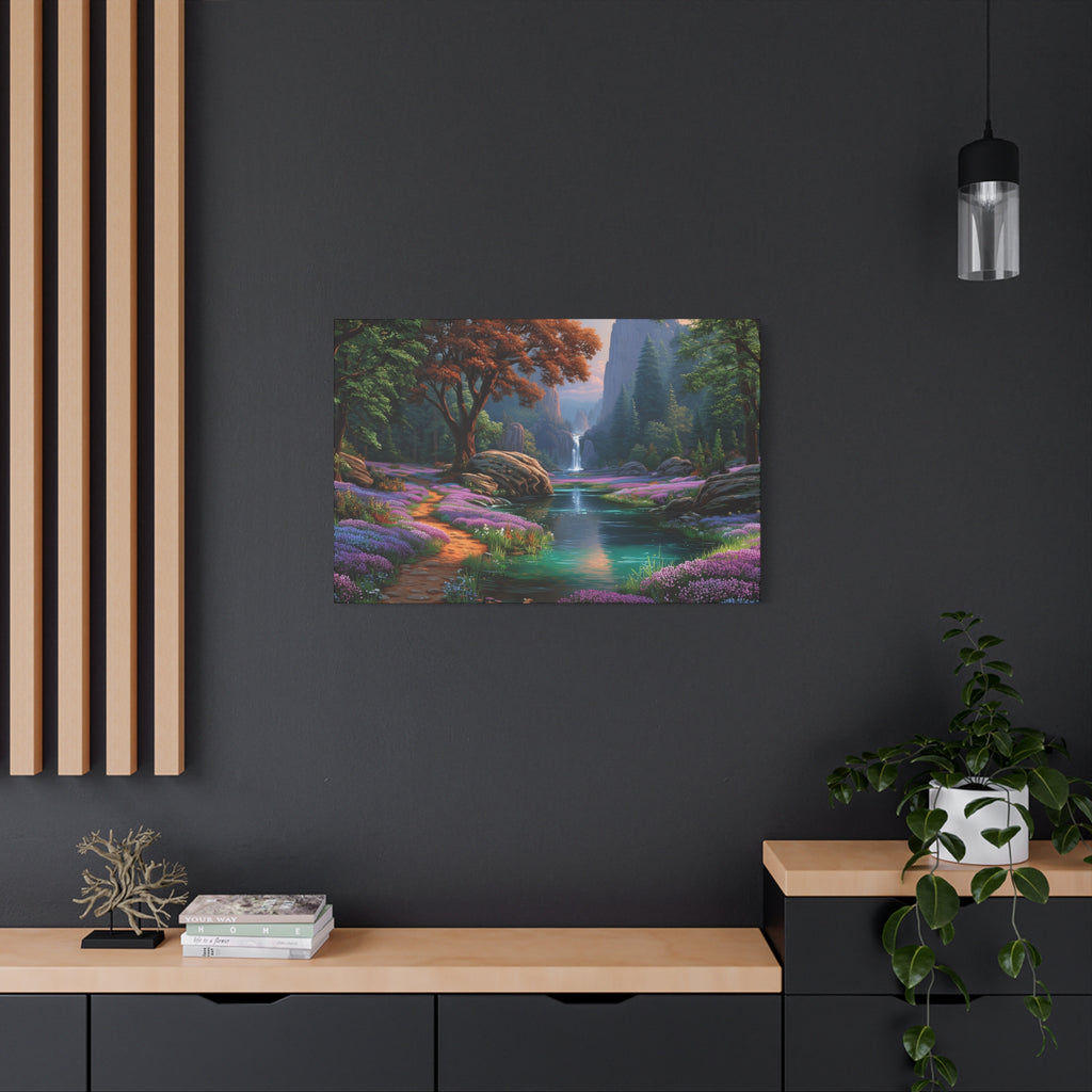 Enchanted Forest Waterfall Matte Canvas Print Stretched Wall Art