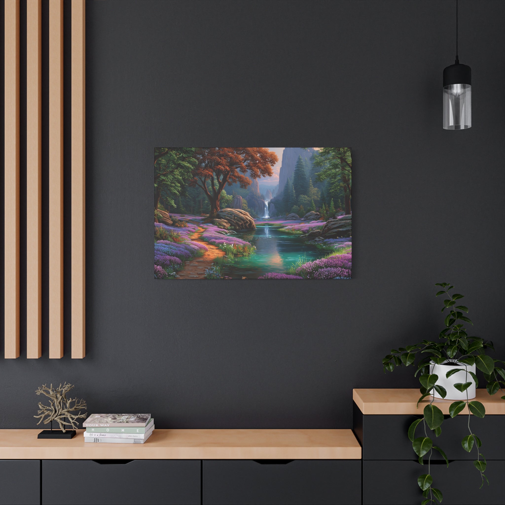 Enchanted Forest Waterfall Matte Canvas Print Stretched Wall Art