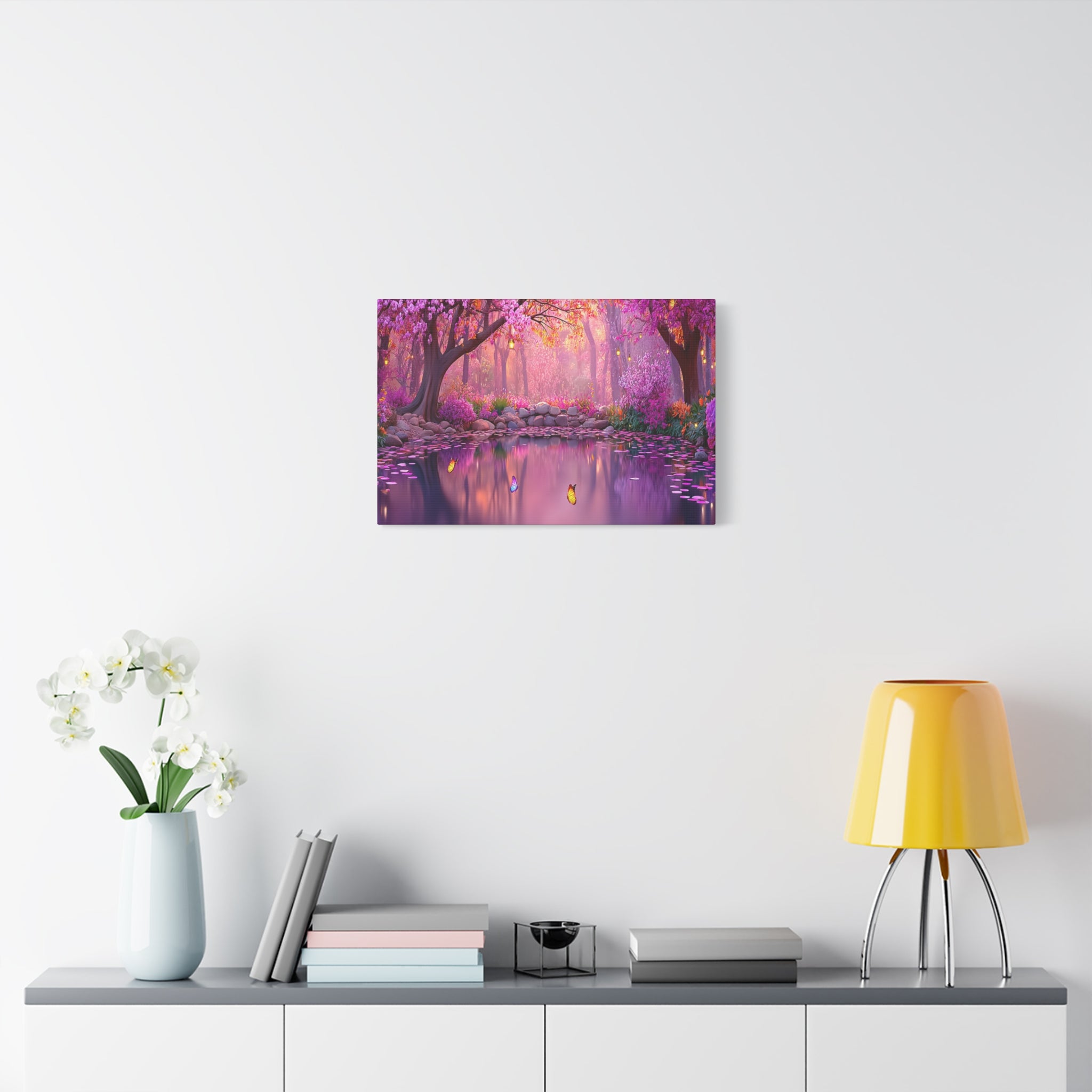 Magical Pink Forest Canvas Wall Art Tranquil Butterfly Pond Matte Stretched Print