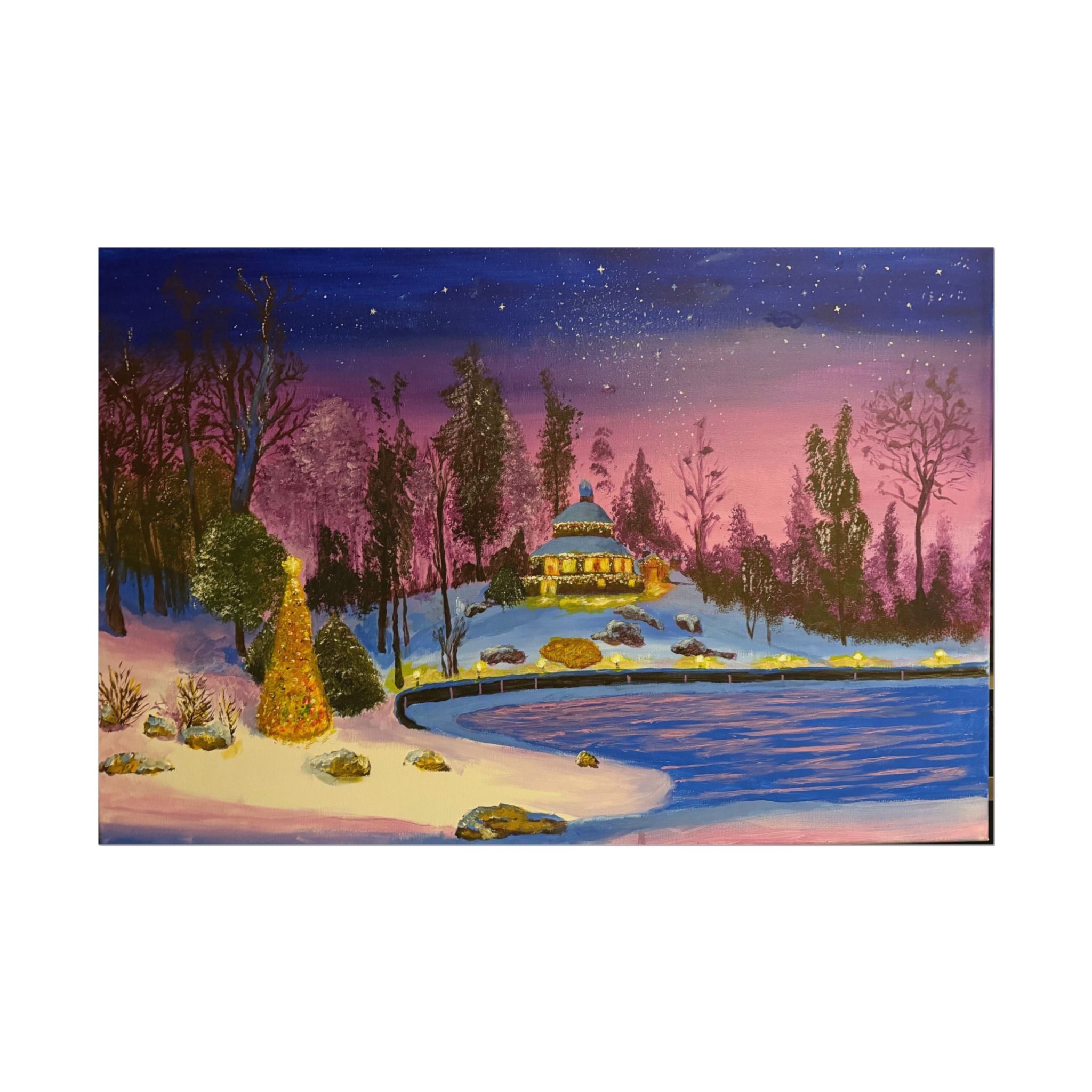 Christmas Winter Lake Landscape Snowy Evening Cabin Art Print
