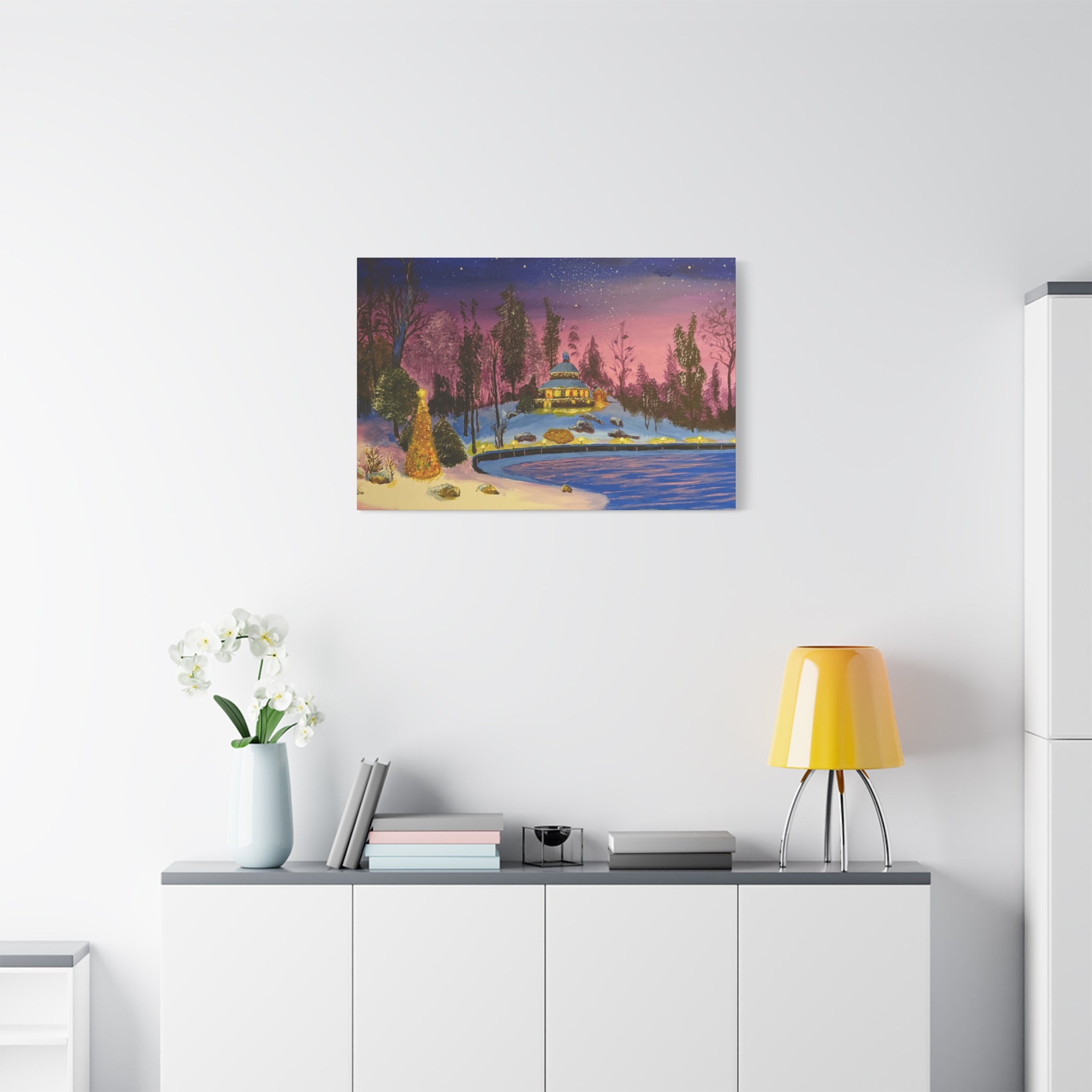 Christmas Night Lakeside Canvas Art Snowy Gazebo & Twinkling Sky Matte Stretched Wall Decor