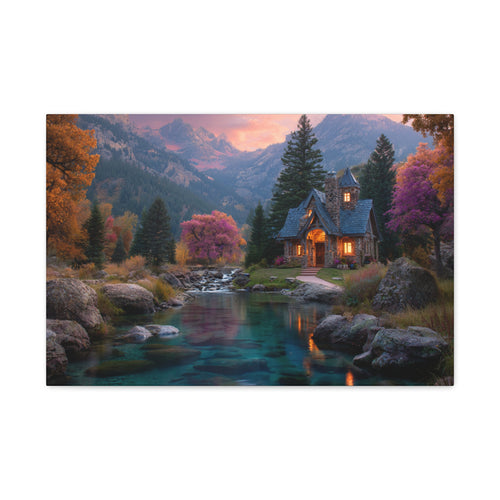 Cozy Mountain Cottage Matte Canvas Print Stretched Wall Art
