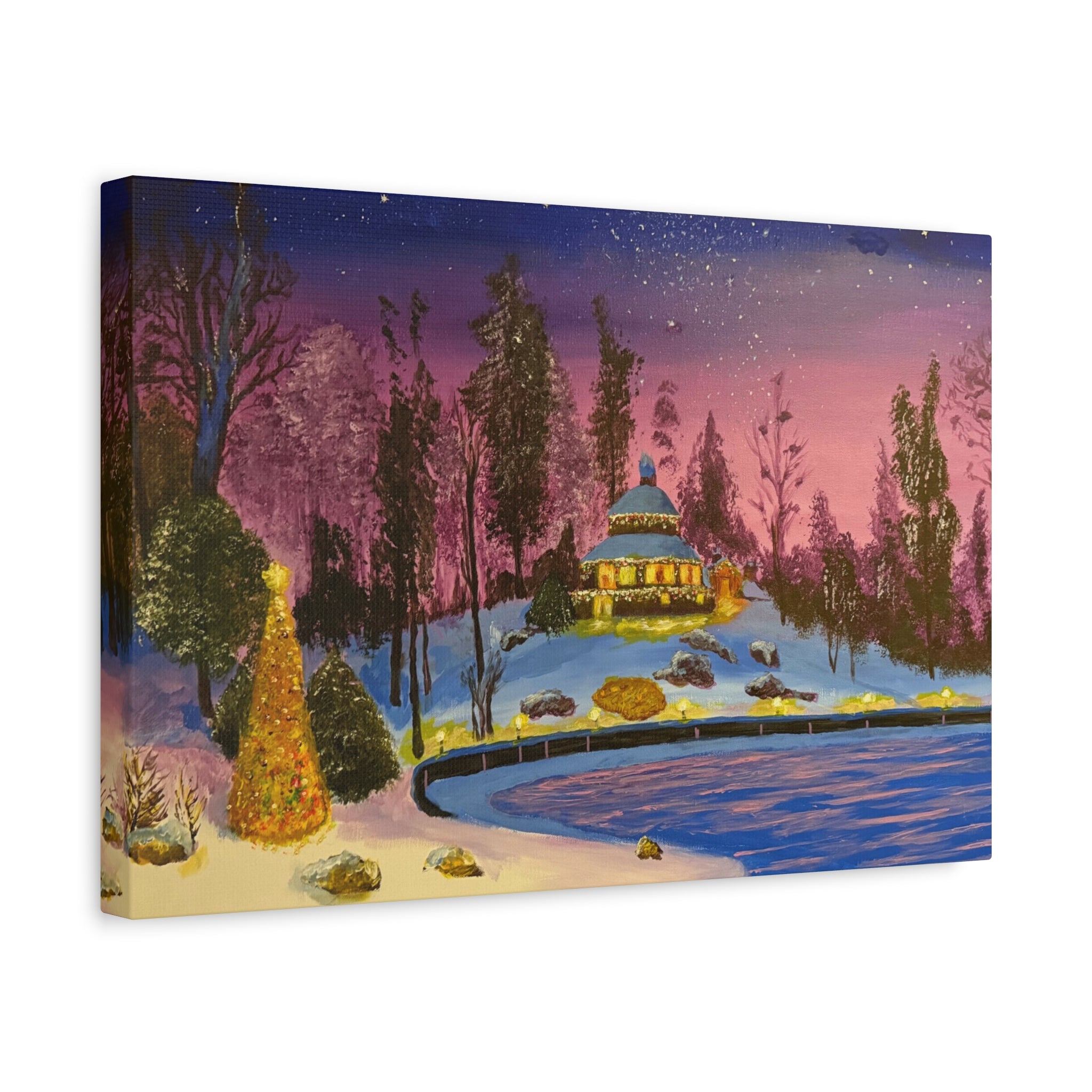 Christmas Night Lakeside Canvas Art Snowy Gazebo & Twinkling Sky Matte Stretched Wall Decor