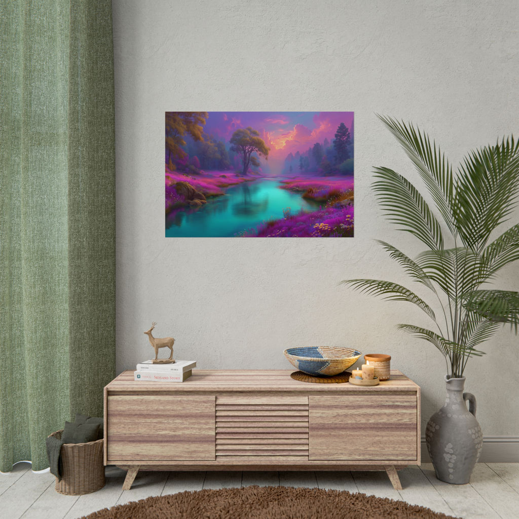 Fantasy Landscape Vibrant Purple River Sunset Wall Art
