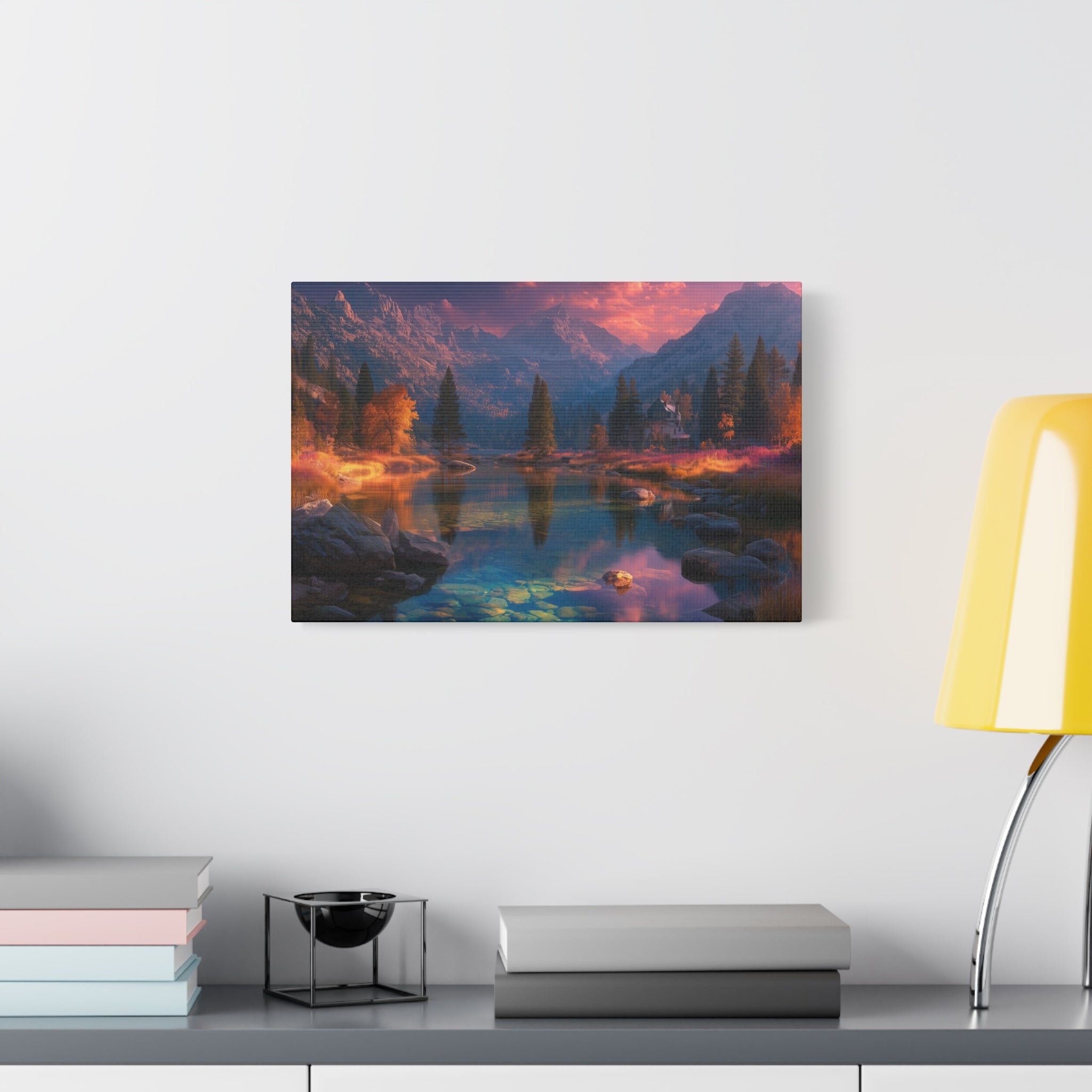 Scenic Mountain Lake Matte Canvas Print Tranquil Sunset Landscape Wall Art