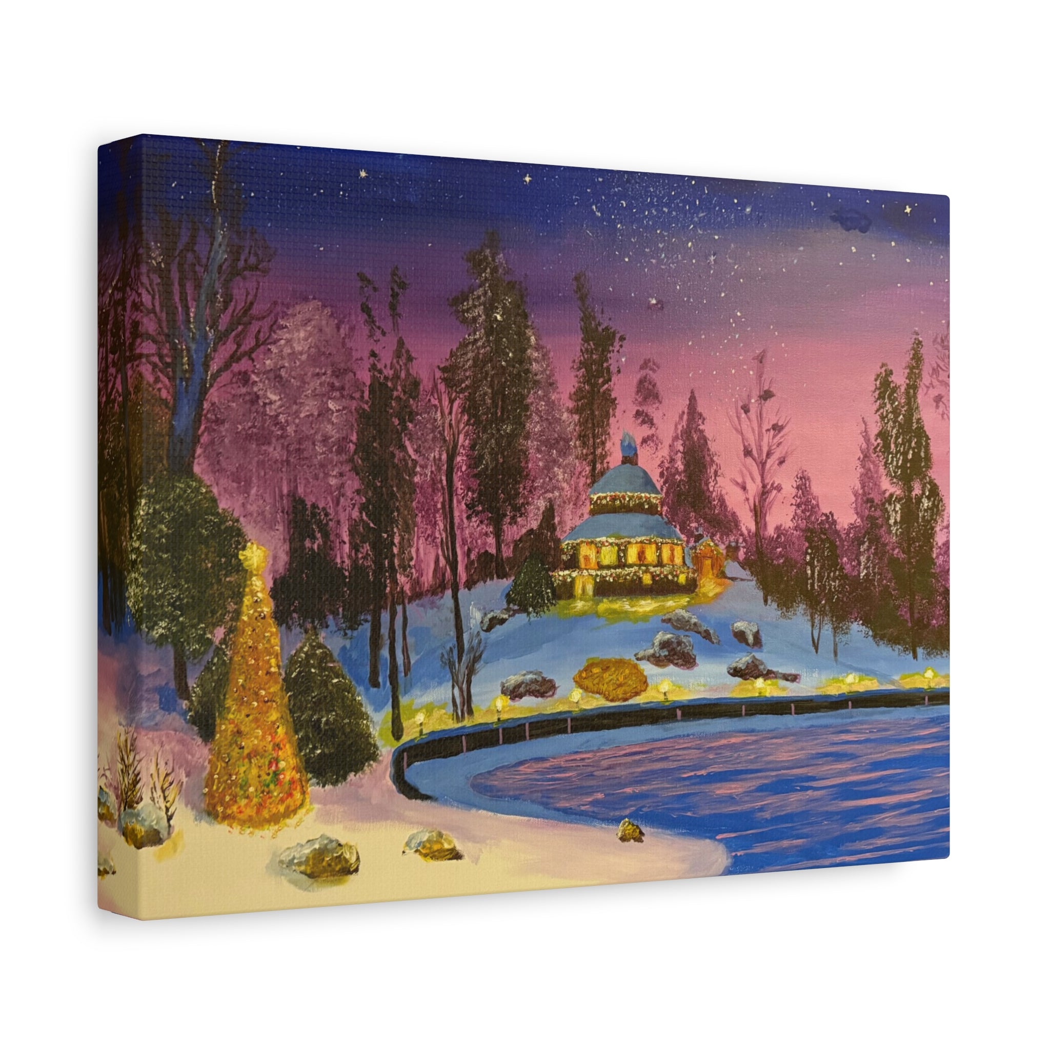 Christmas Night Lakeside Canvas Art Snowy Gazebo & Twinkling Sky Matte Stretched Wall Decor
