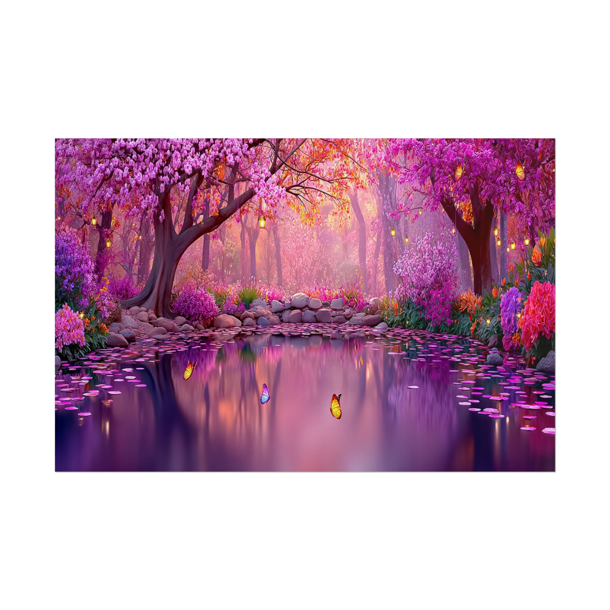 Fantasy Pink Forest Poster  Serene Lake with Cherry Blossoms Art Print