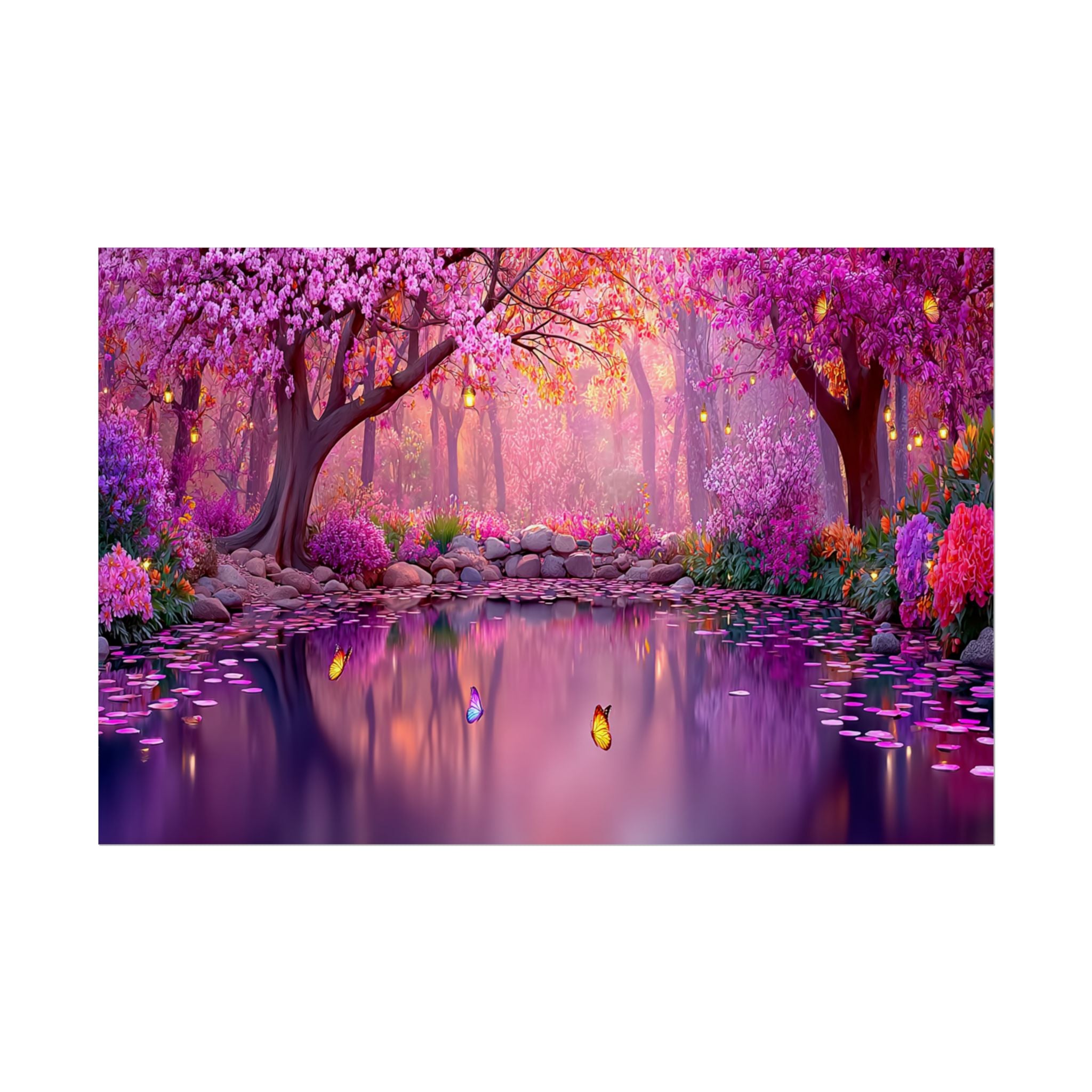 Fantasy Pink Forest Poster  Serene Lake with Cherry Blossoms Art Print