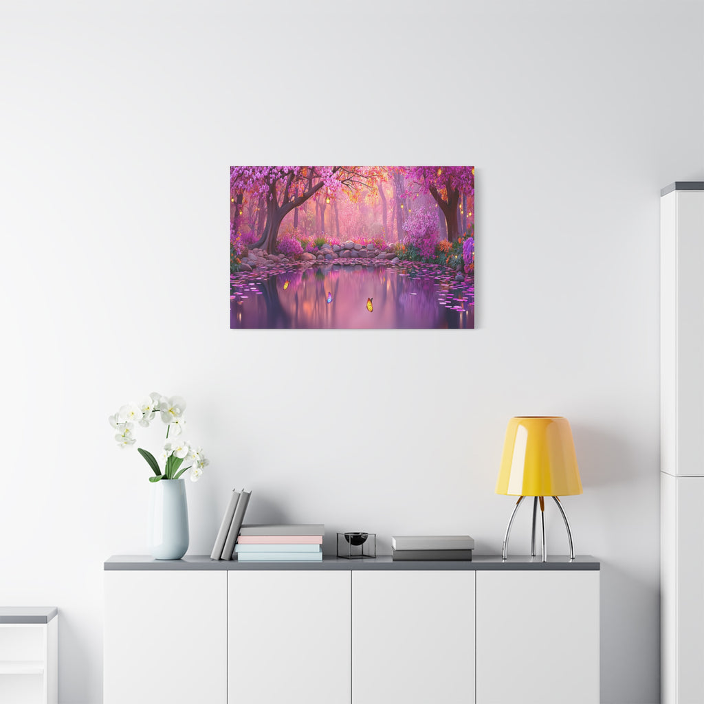 Magical Pink Forest Canvas Wall Art Tranquil Butterfly Pond Matte Stretched Print
