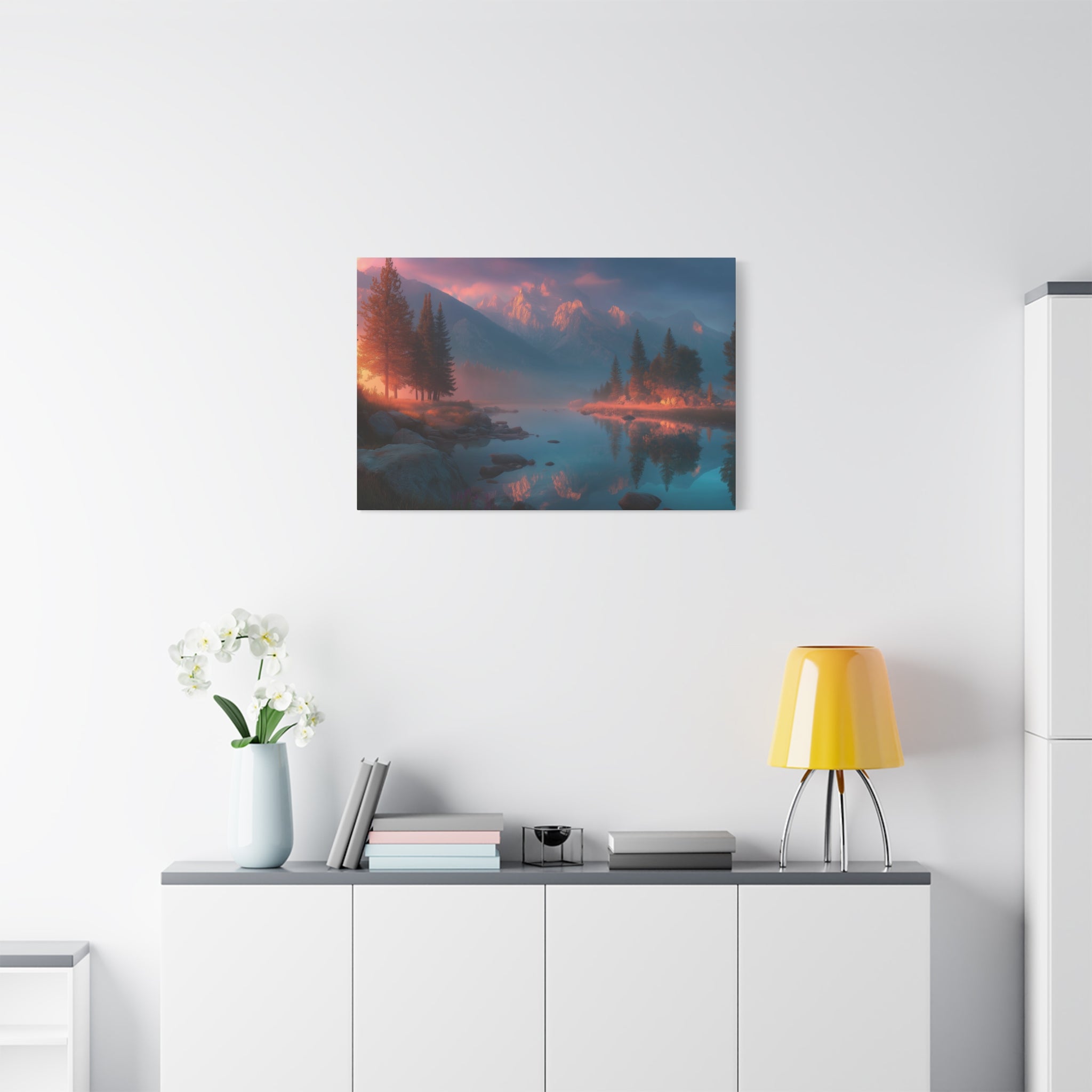 Sunset Mountain Lake Matte Canvas Wall Art - Serene Forest Reflection Print