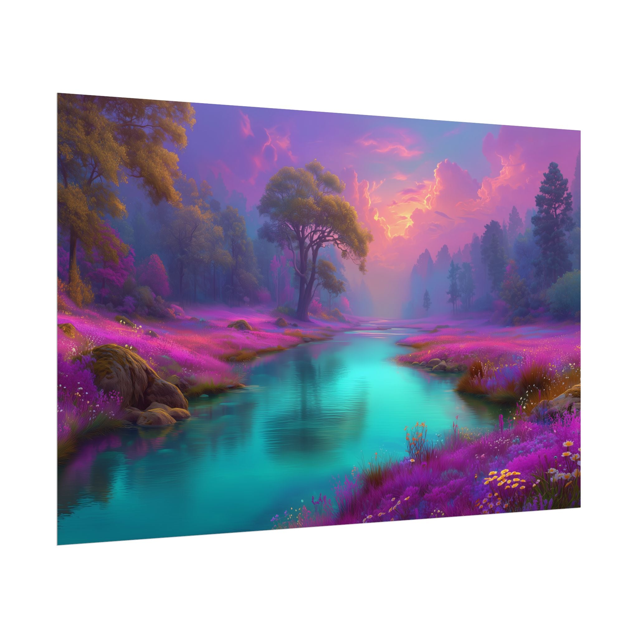 Fantasy Landscape Vibrant Purple River Sunset Wall Art