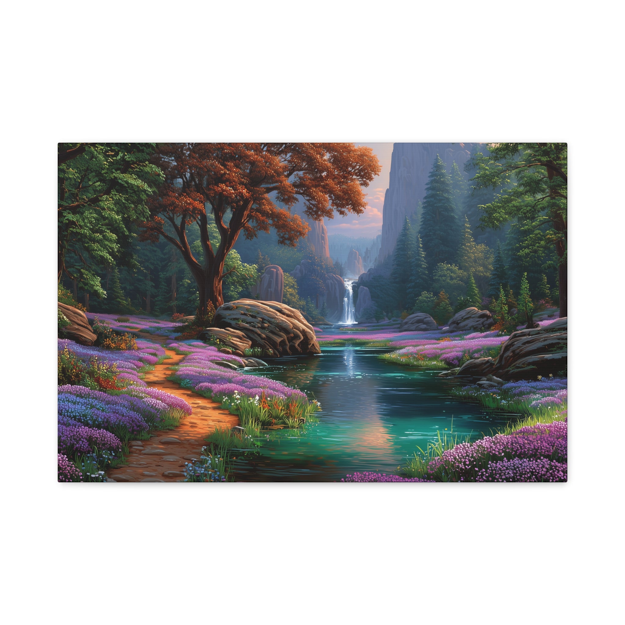 Enchanted Forest Waterfall Matte Canvas Print Stretched Wall Art