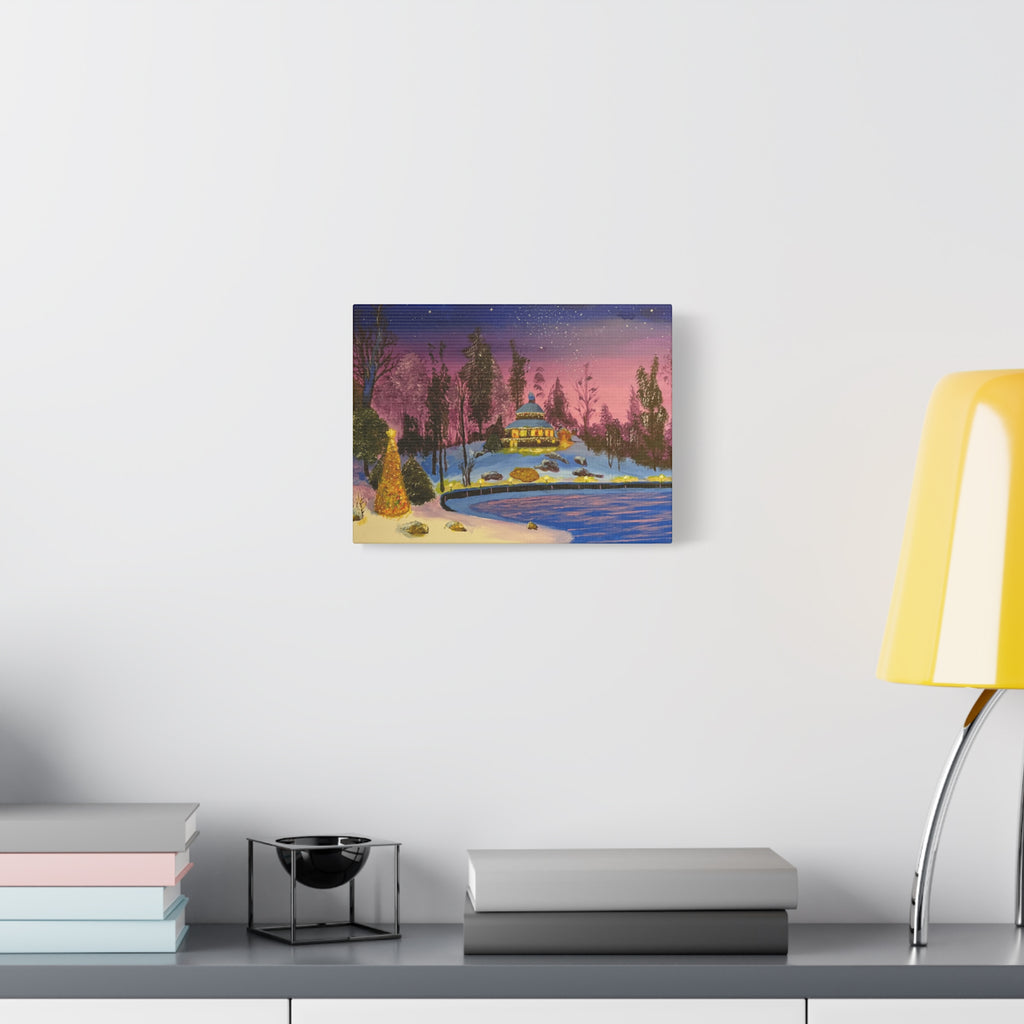 Christmas Night Lakeside Canvas Art Snowy Gazebo & Twinkling Sky Matte Stretched Wall Decor