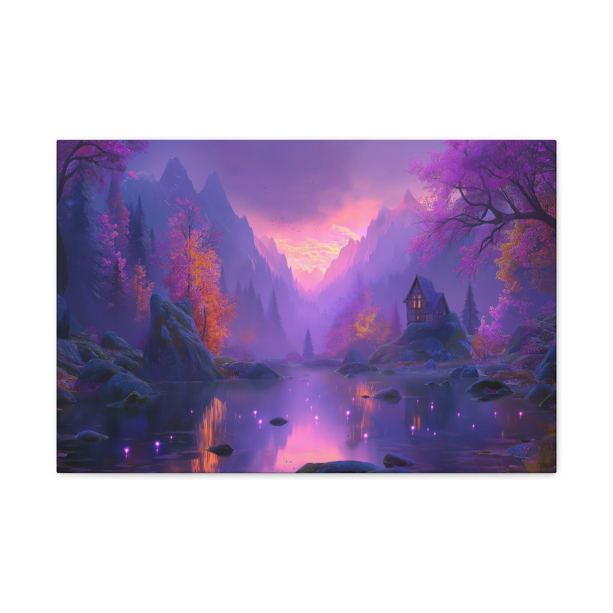 Mystical Purple Lake Landscape Canvas Fantasy Sunset Cottage Wall Art