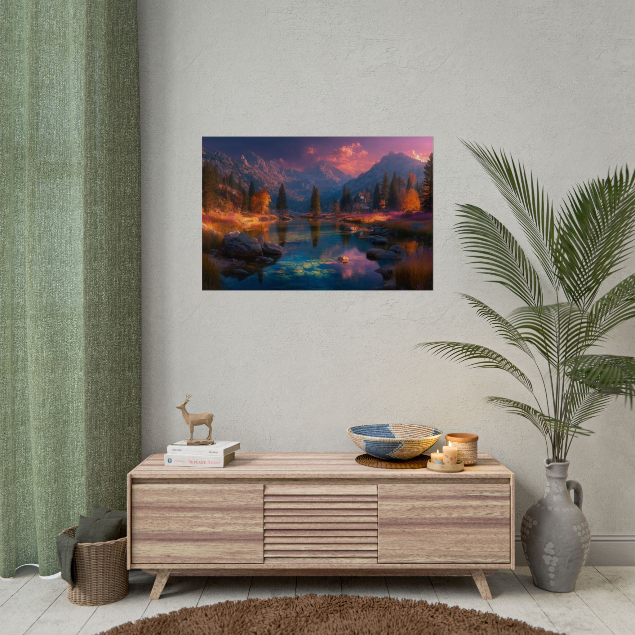 Mountain Lake Sunset  Serene Autumn Landscape Rolled Print