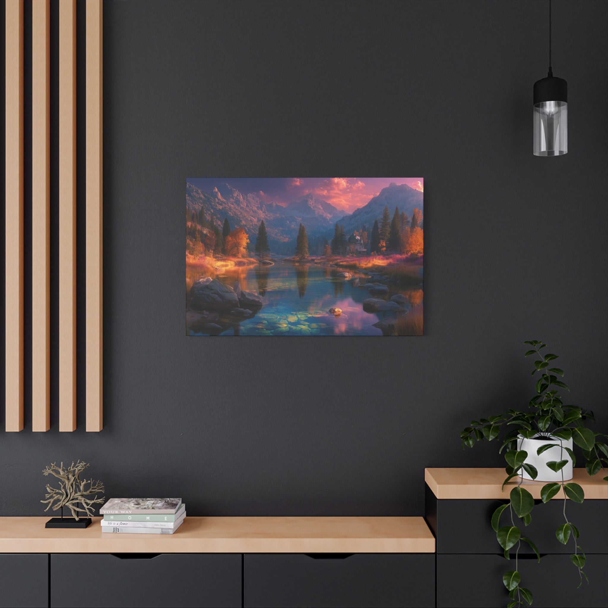 Scenic Mountain Lake Matte Canvas Print Tranquil Sunset Landscape Wall Art