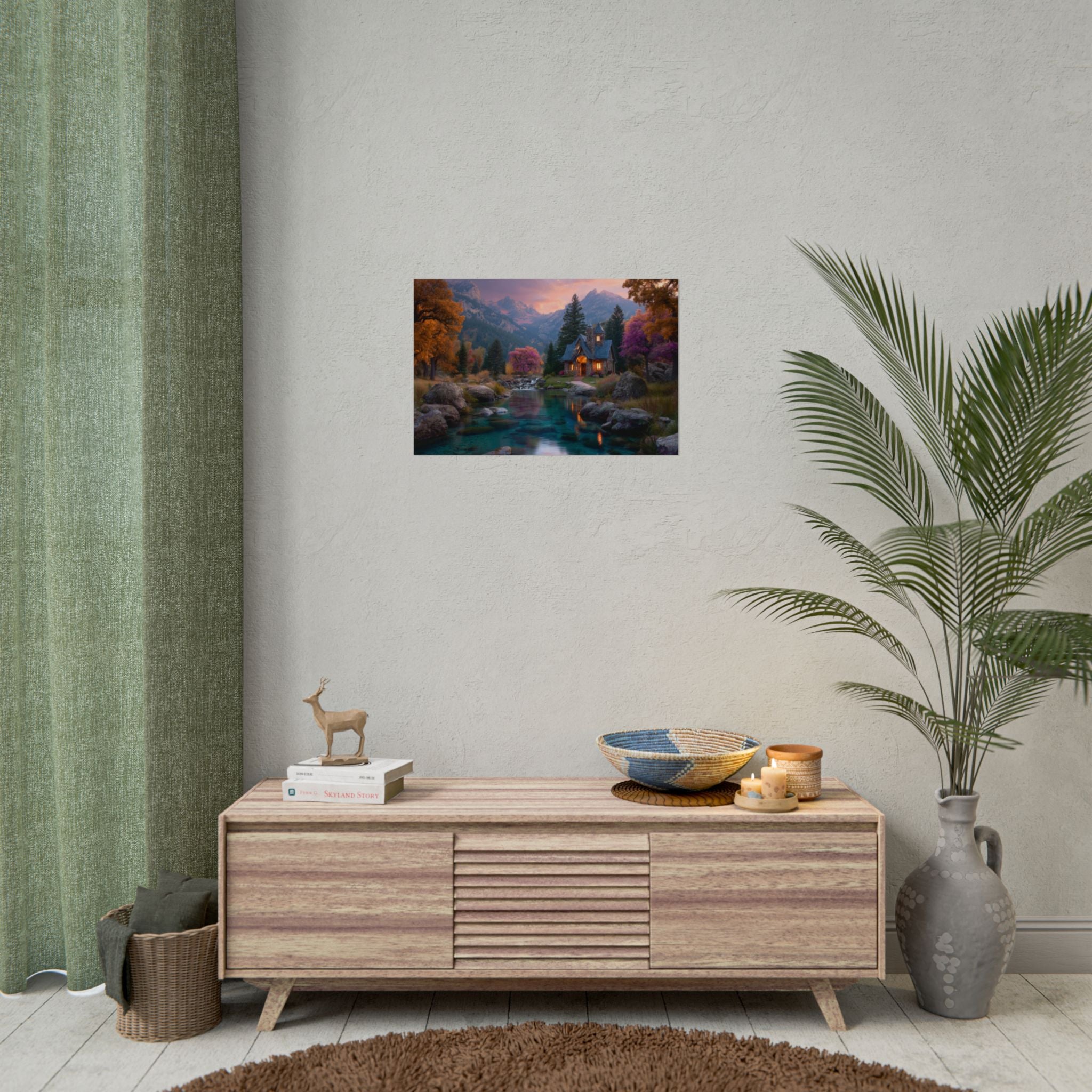 Scenic Mountain Cabin  Tranquil River Landscape Wall Art