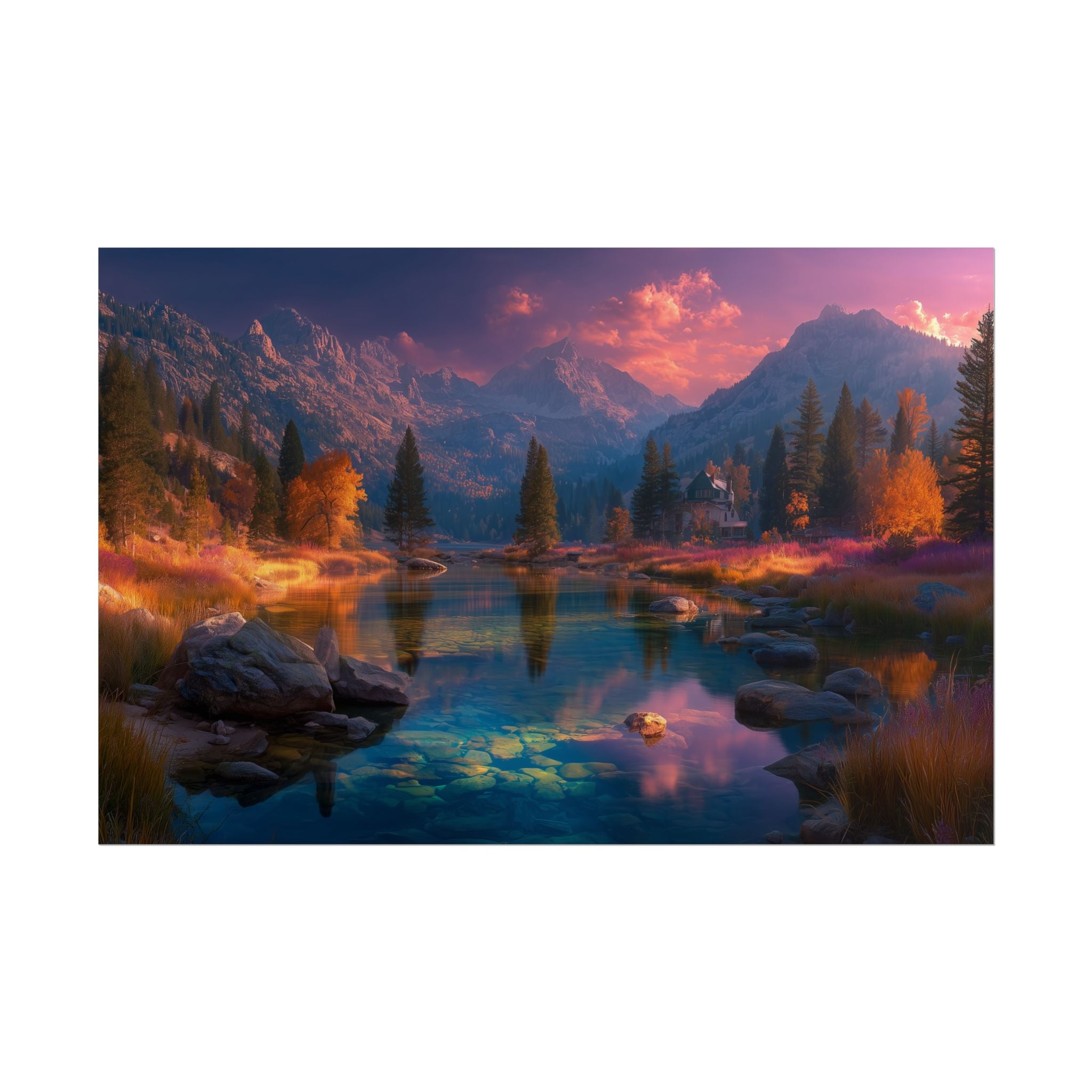 Mountain Lake Sunset  Serene Autumn Landscape Rolled Print