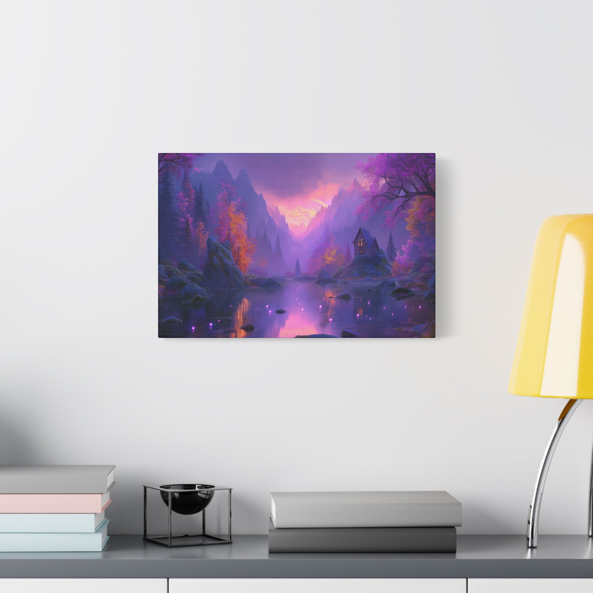 Mystical Purple Lake Landscape Canvas Fantasy Sunset Cottage Wall Art