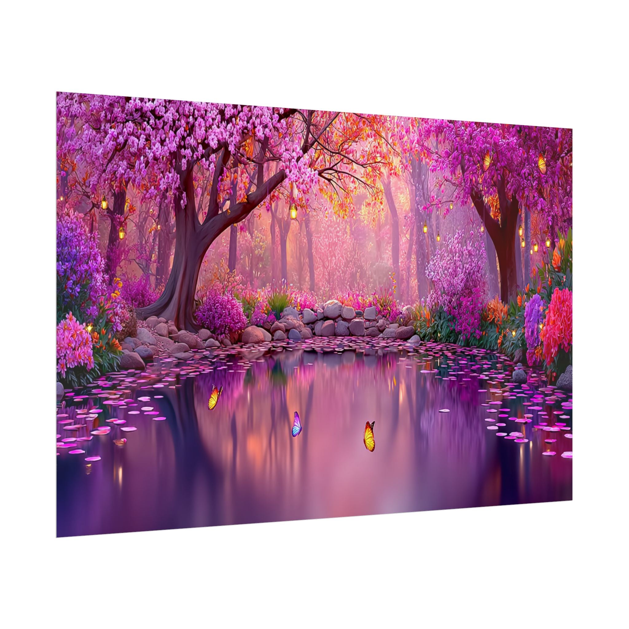 Fantasy Pink Forest Poster  Serene Lake with Cherry Blossoms Art Print