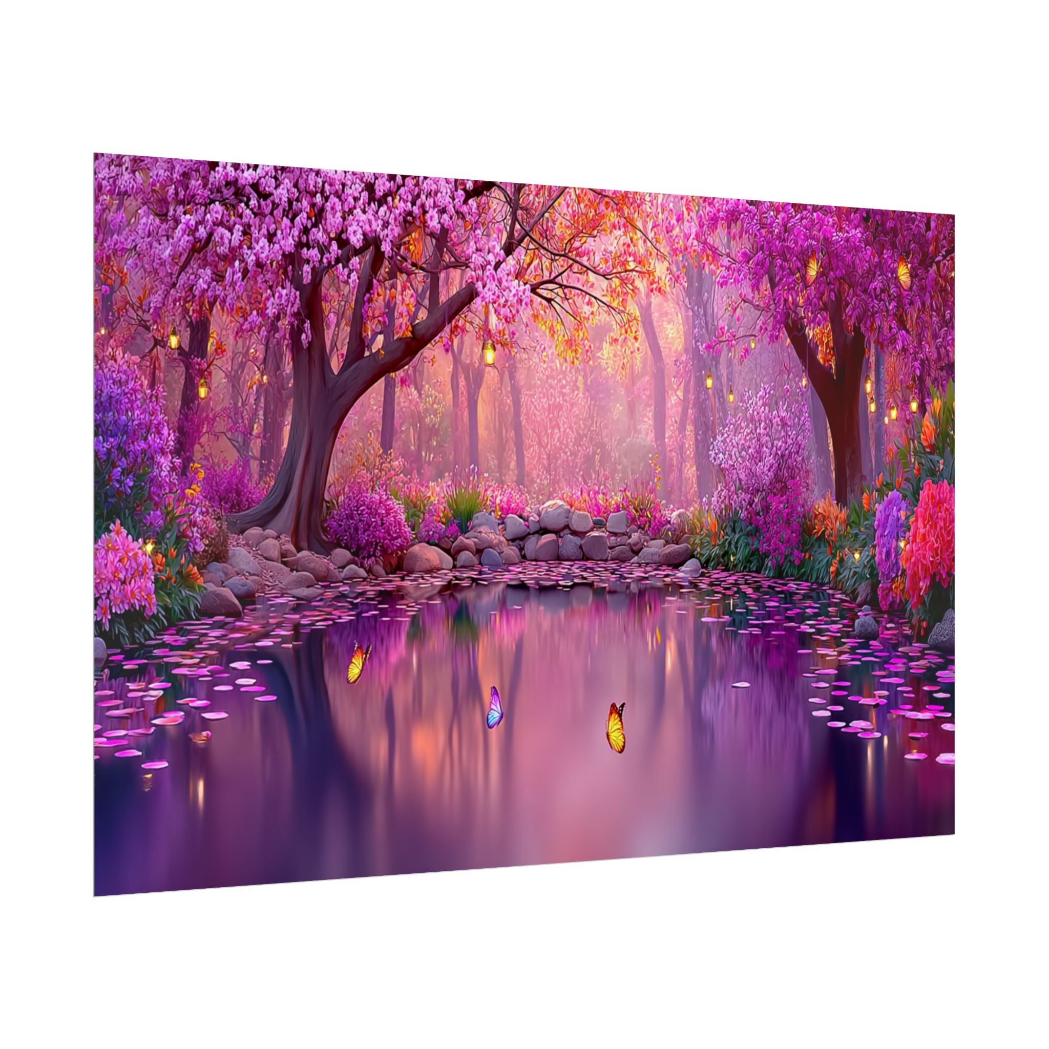 Fantasy Pink Forest Poster  Serene Lake with Cherry Blossoms Art Print