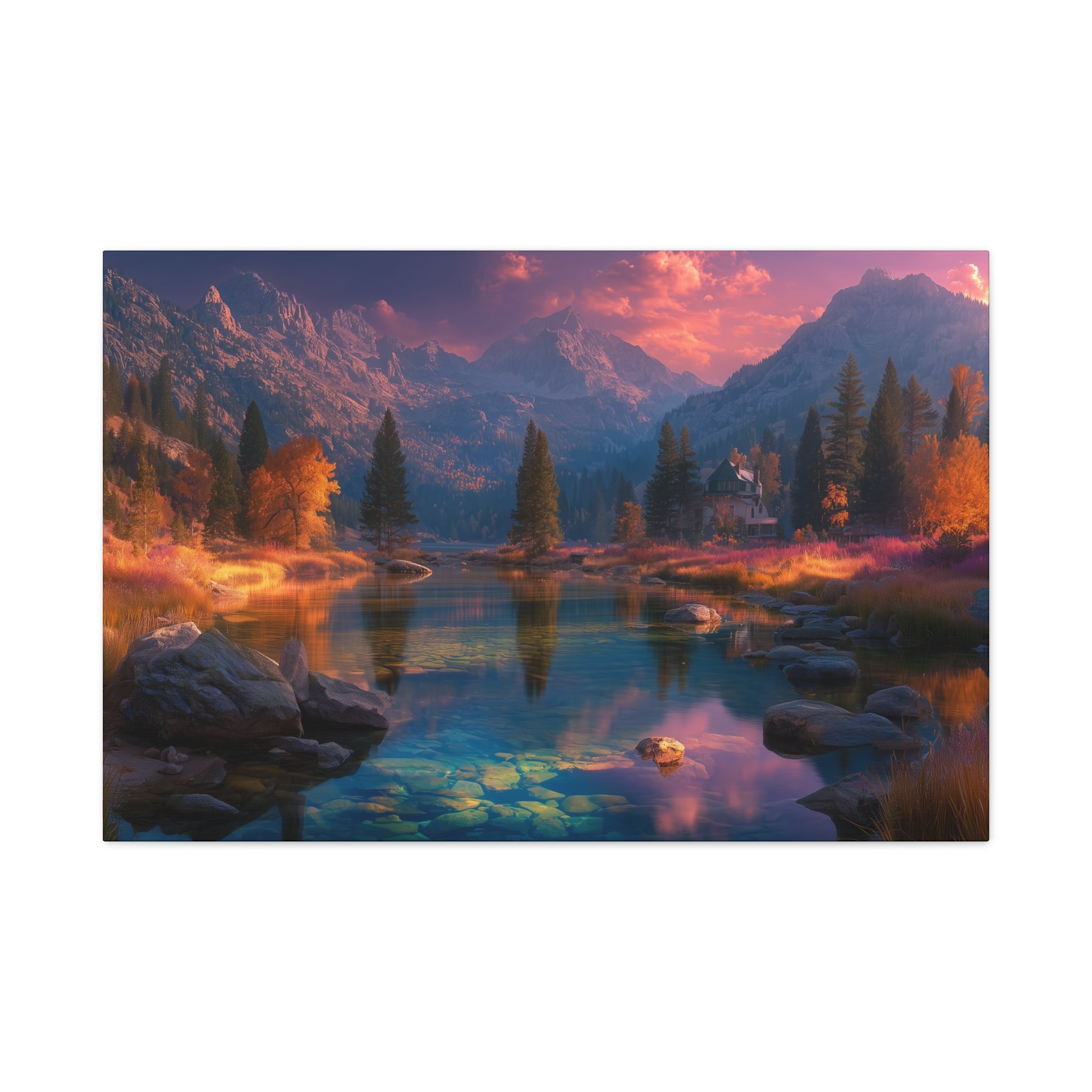 Scenic Mountain Lake Matte Canvas Print Tranquil Sunset Landscape Wall Art