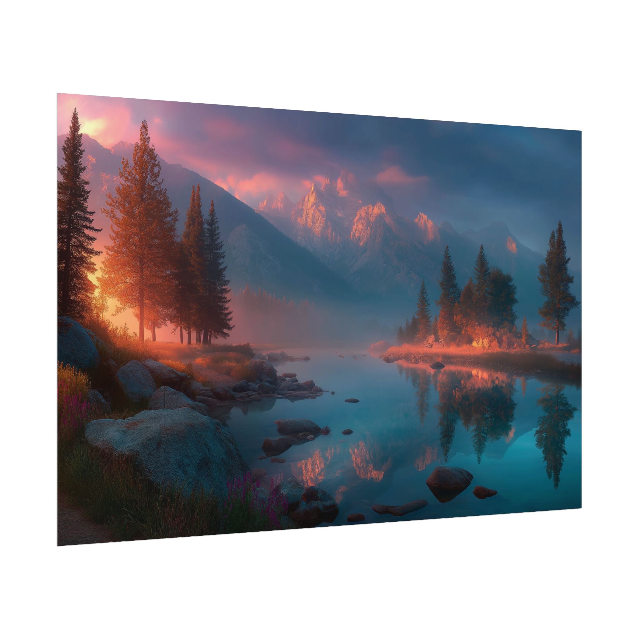 Serene Mountain Lake Sunset Landscape Wall Art