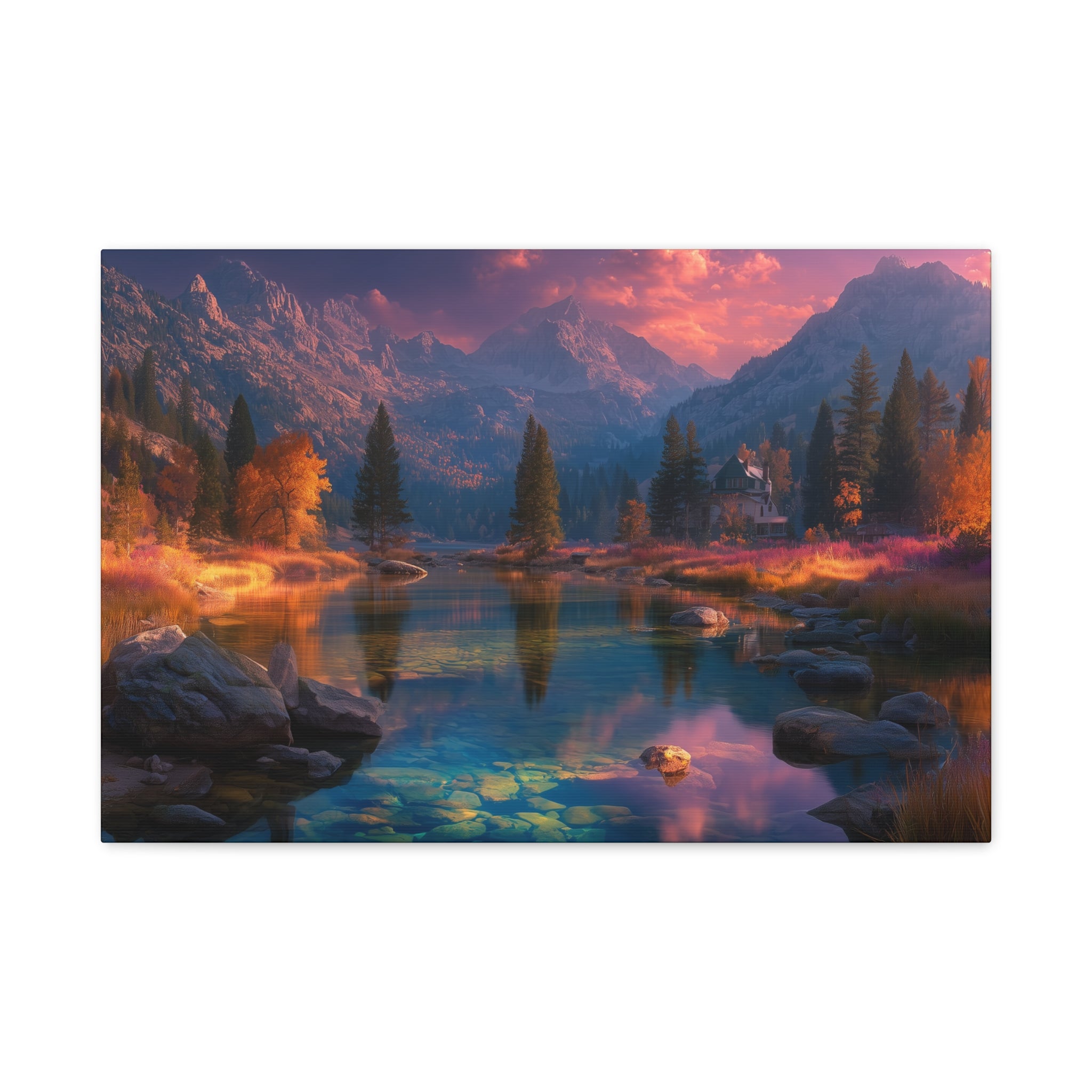 Scenic Mountain Lake Matte Canvas Print Tranquil Sunset Landscape Wall Art