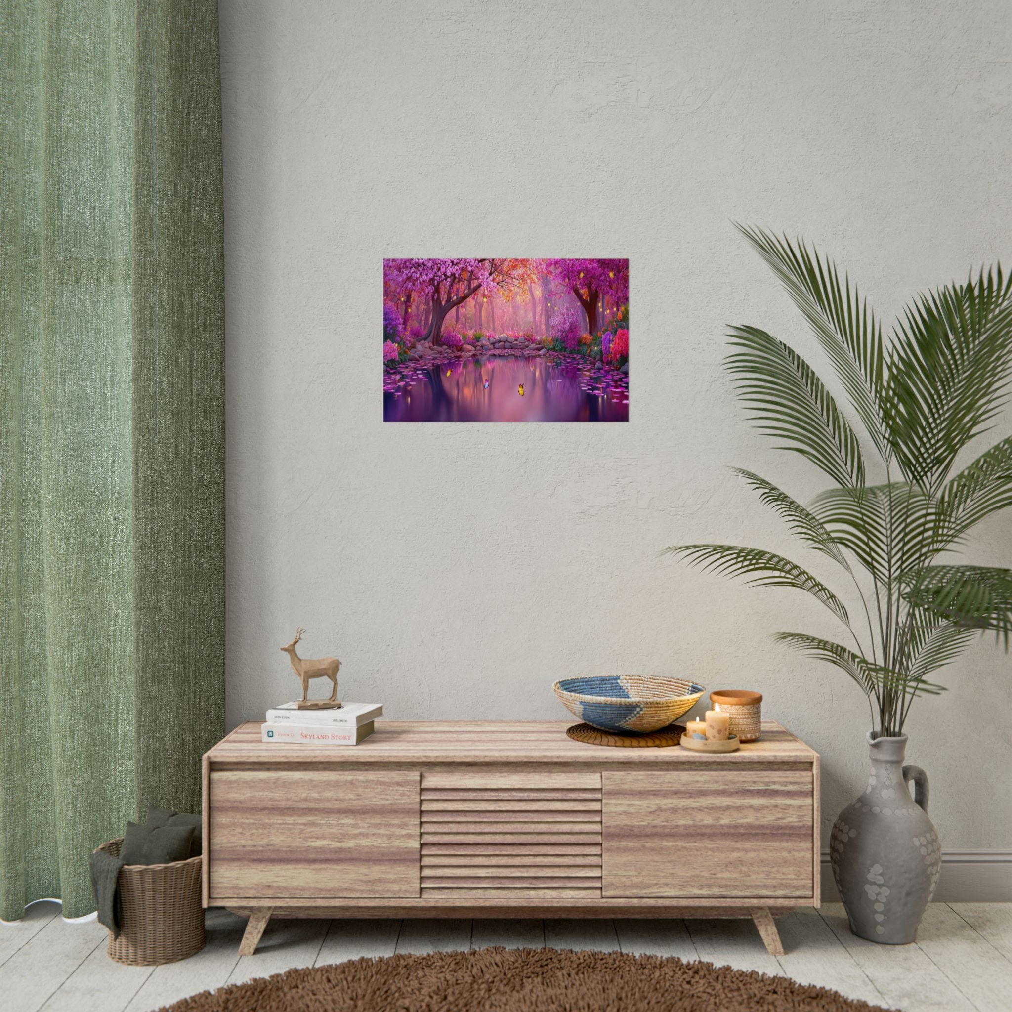Fantasy Pink Forest Poster  Serene Lake with Cherry Blossoms Art Print