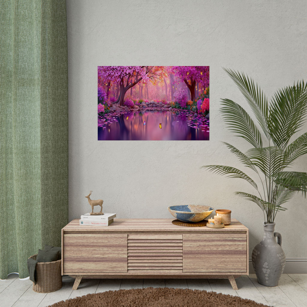 Fantasy Pink Forest Poster  Serene Lake with Cherry Blossoms Art Print