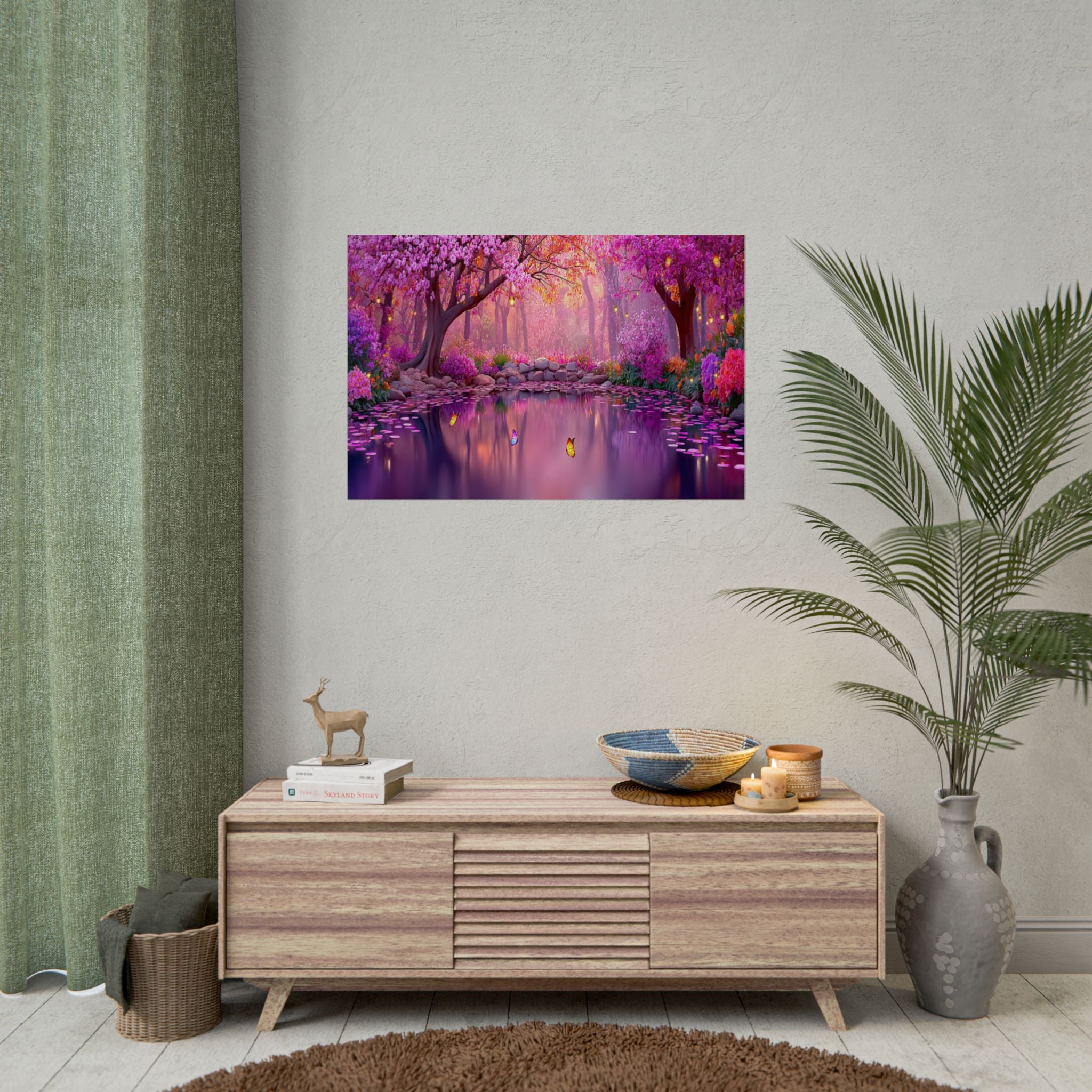 Fantasy Pink Forest Poster  Serene Lake with Cherry Blossoms Art Print