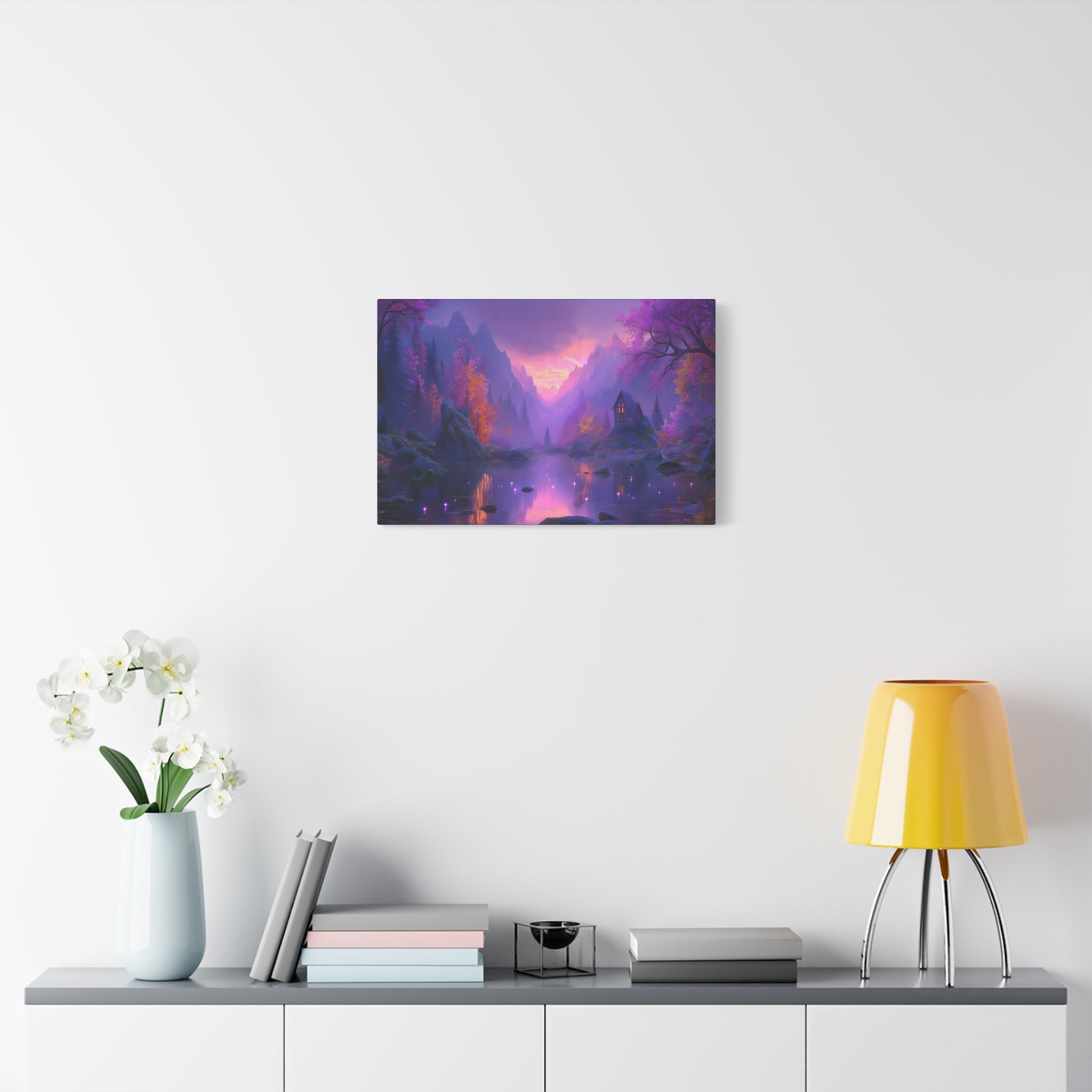 Mystical Purple Lake Landscape Canvas Fantasy Sunset Cottage Wall Art