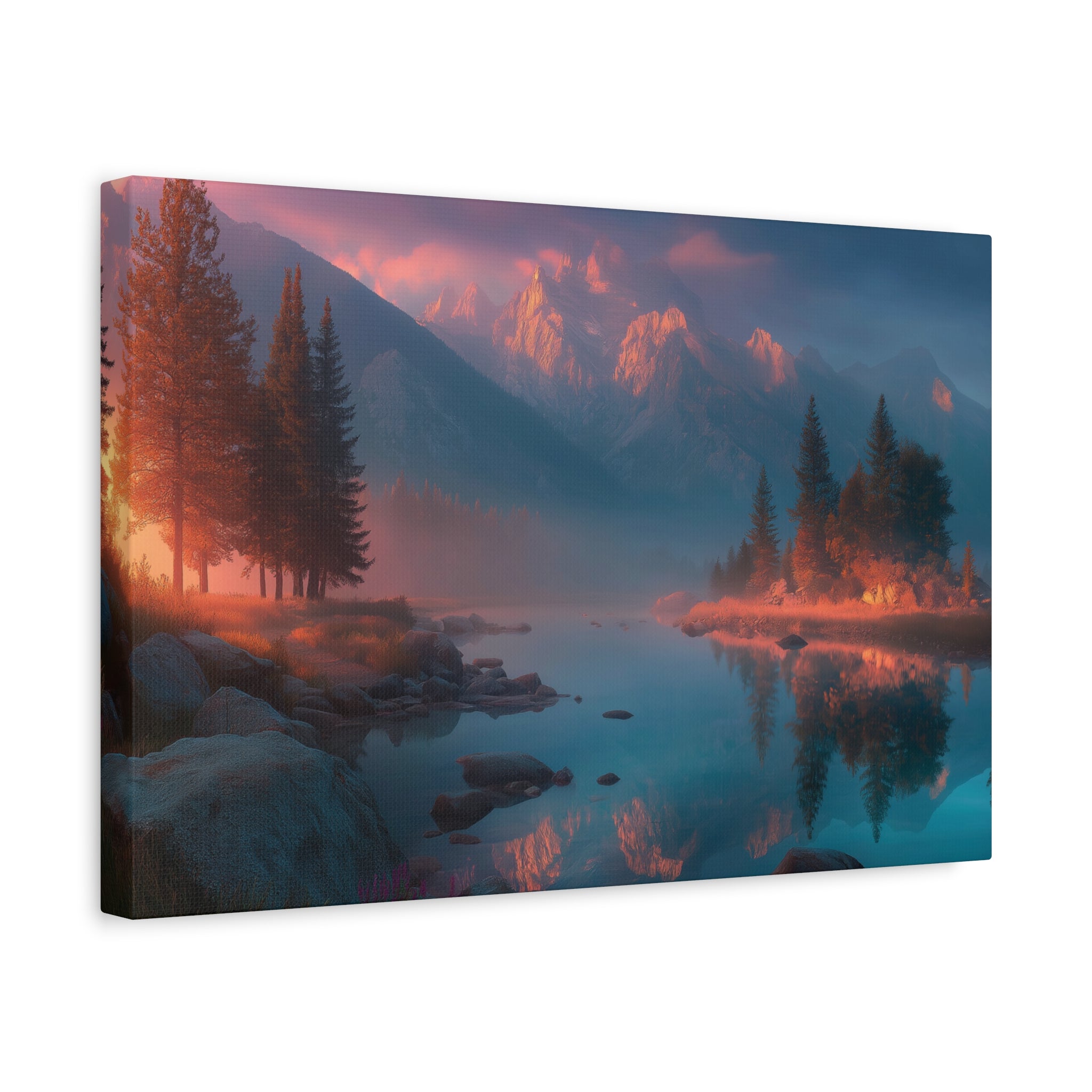 Sunset Mountain Lake Matte Canvas Wall Art - Serene Forest Reflection Print