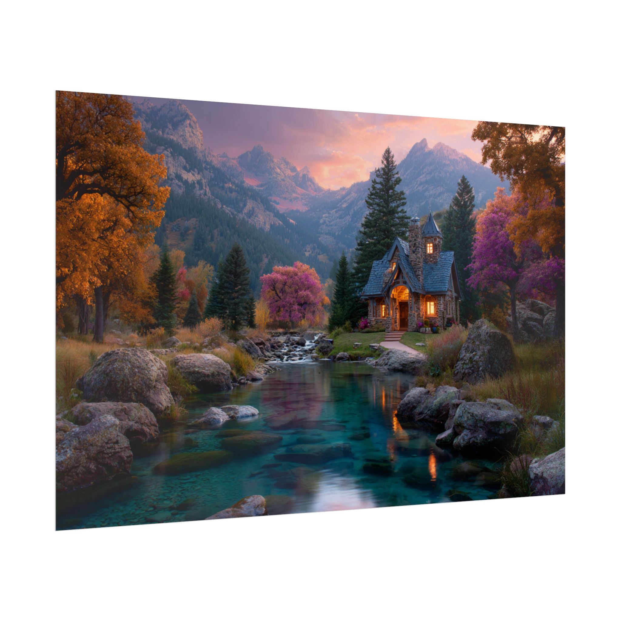 Scenic Mountain Cabin  Tranquil River Landscape Wall Art