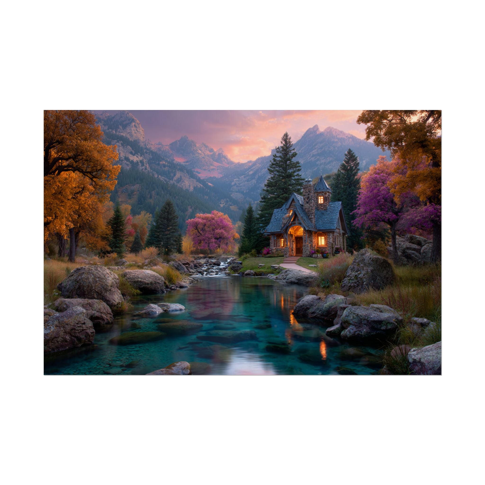 Scenic Mountain Cabin  Tranquil River Landscape Wall Art