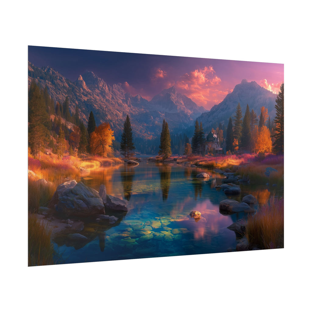 Mountain Lake Sunset  Serene Autumn Landscape Rolled Print