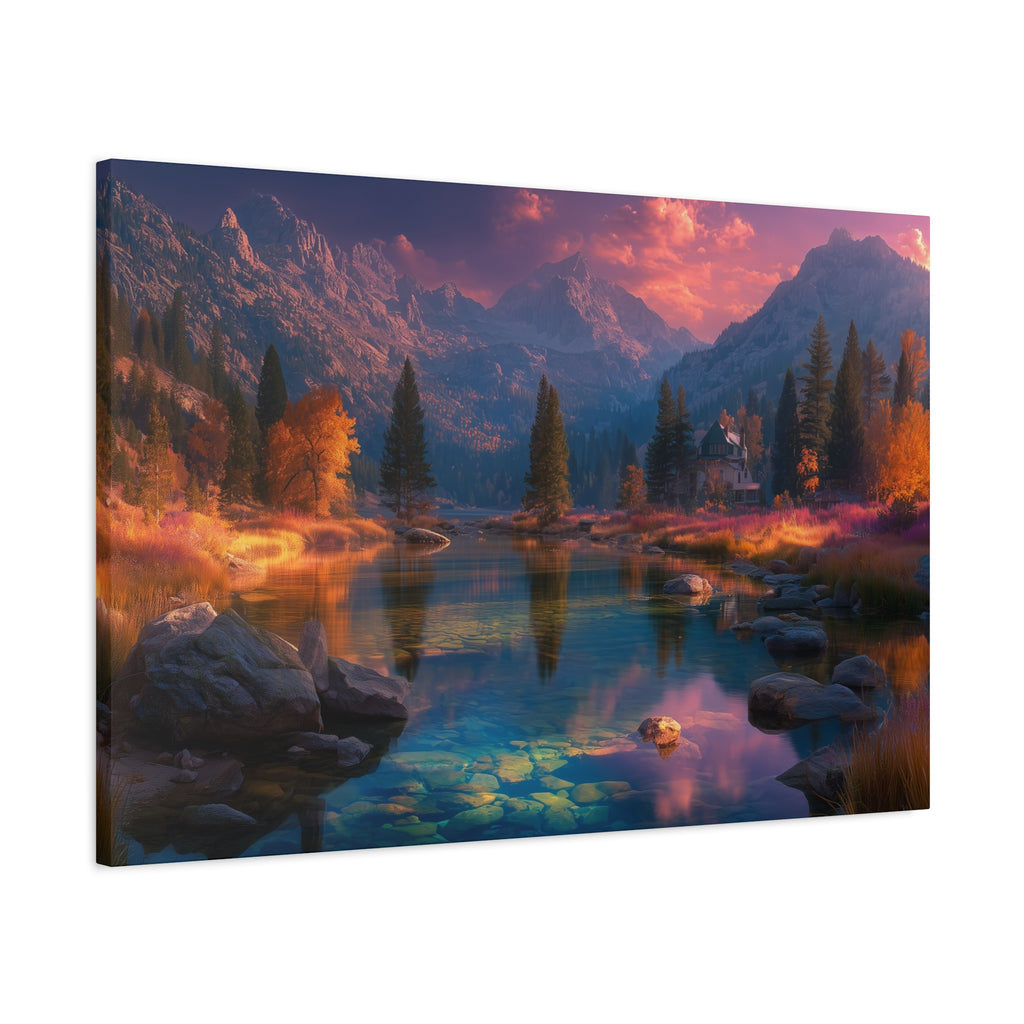Scenic Mountain Lake Matte Canvas Print Tranquil Sunset Landscape Wall Art