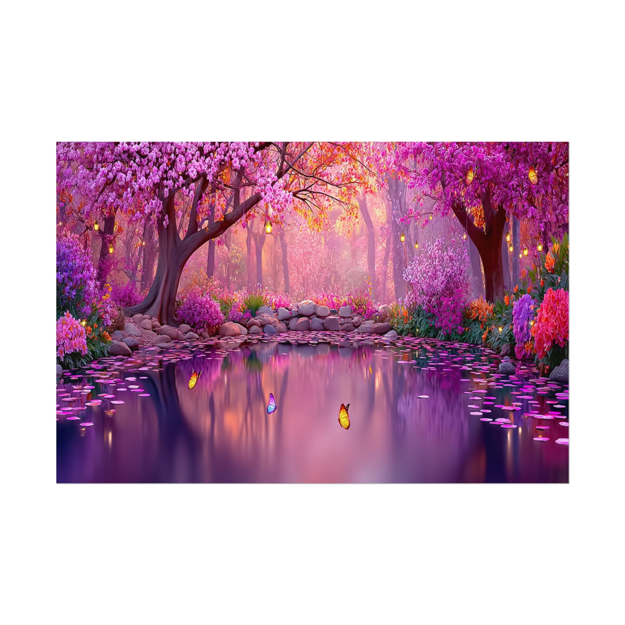 Fantasy Pink Forest Poster  Serene Lake with Cherry Blossoms Art Print