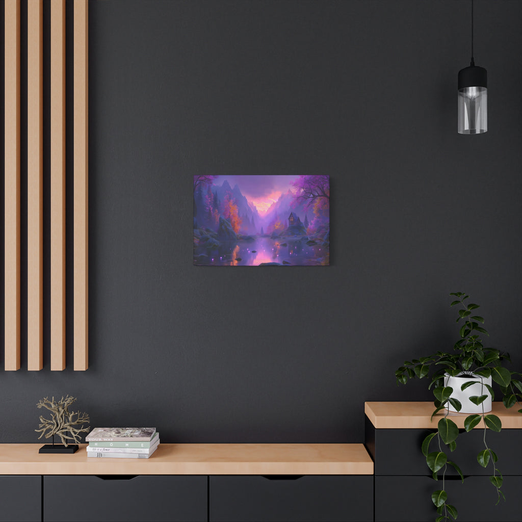 Mystical Purple Lake Landscape Canvas Fantasy Sunset Cottage Wall Art