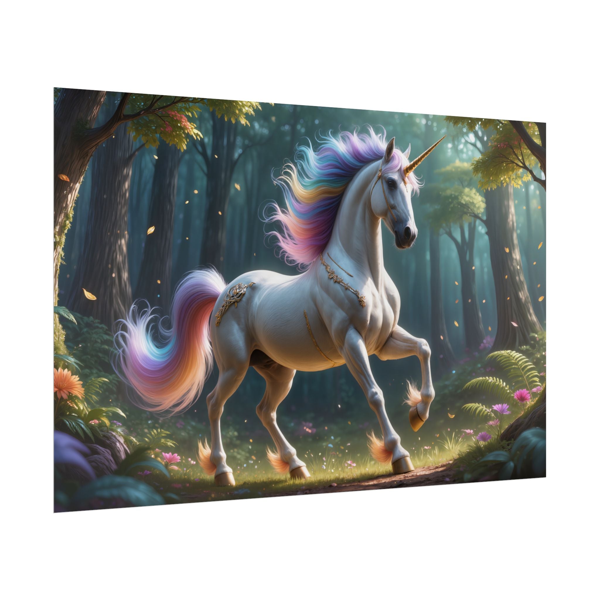 Unicorn Forest  Rainbow Mane Fantasy Wall Art (Rolled Poster)