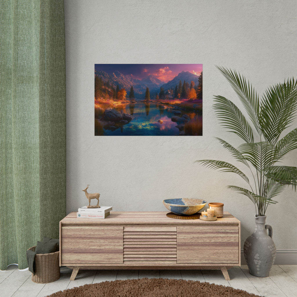 Mountain Lake Sunset  Serene Autumn Landscape Rolled Print