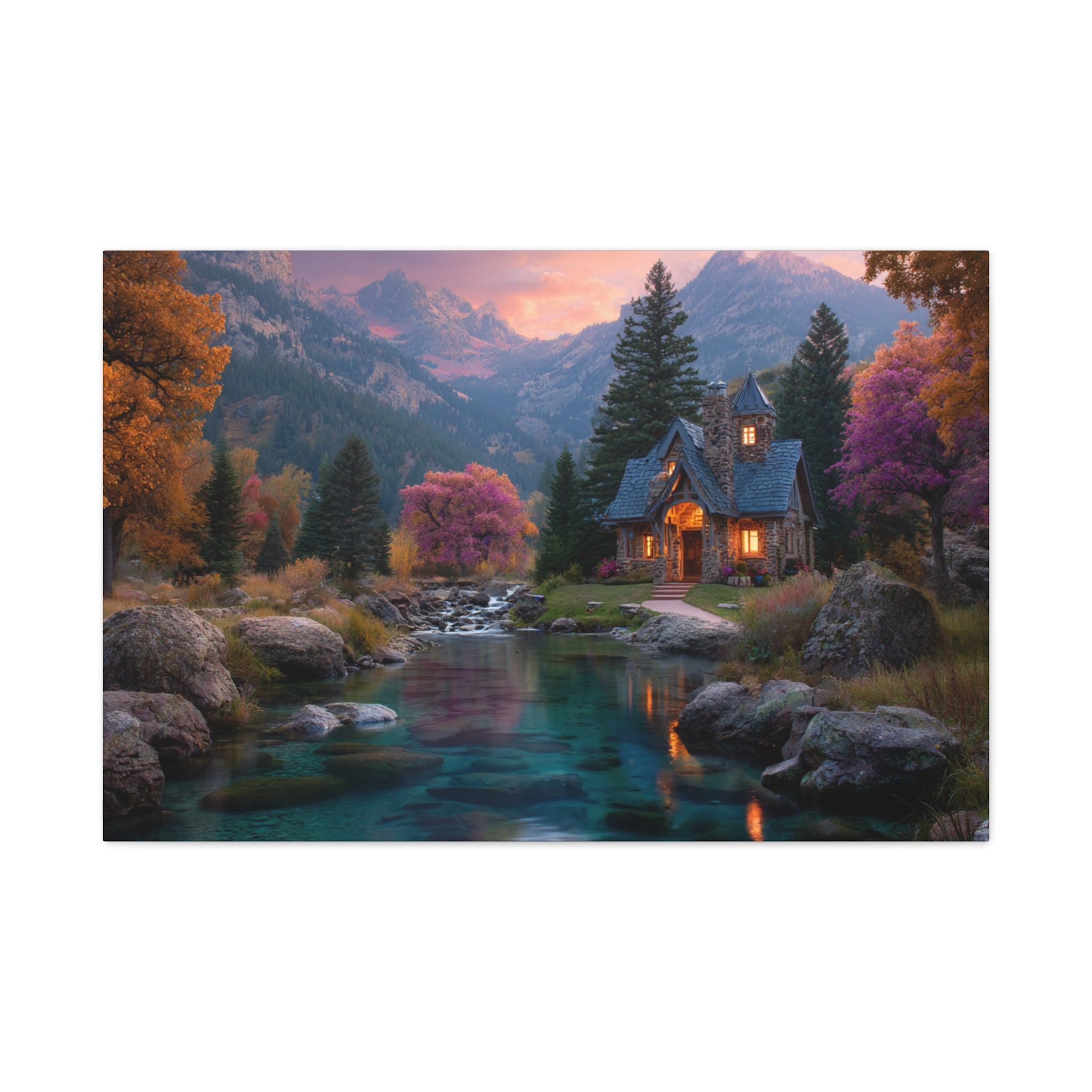 Cozy Mountain Cottage Matte Canvas Print Stretched Wall Art