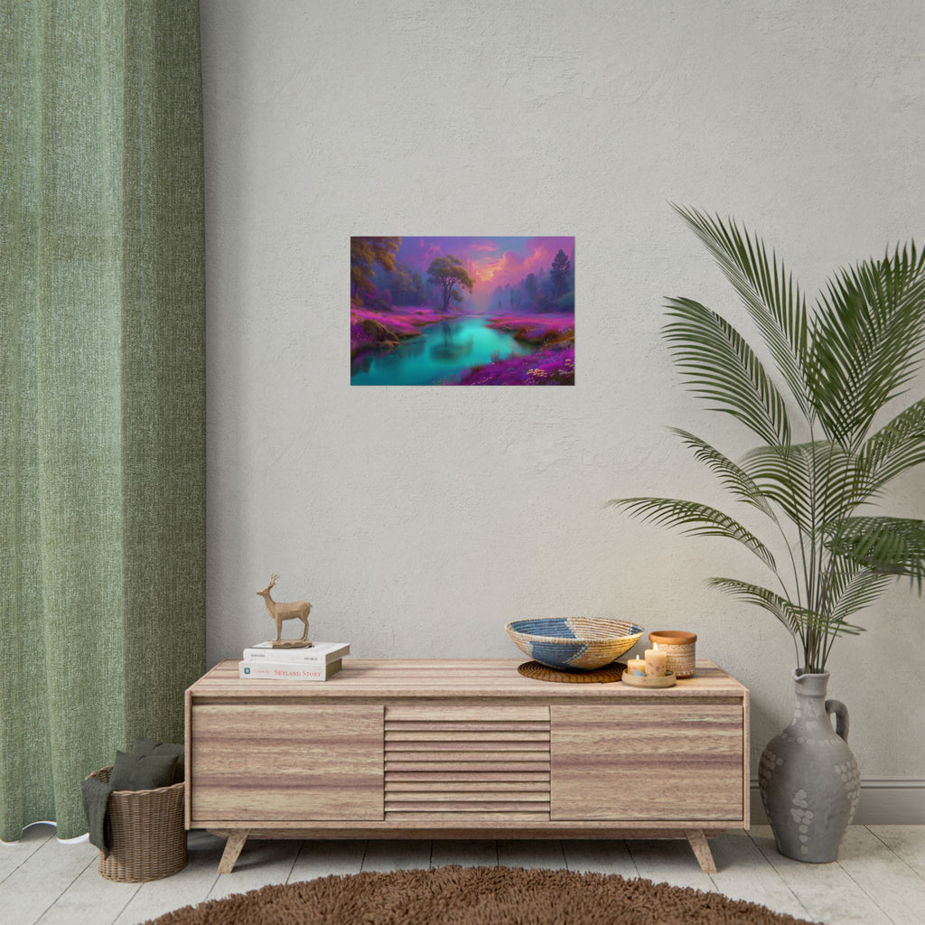 Fantasy Landscape Vibrant Purple River Sunset Wall Art