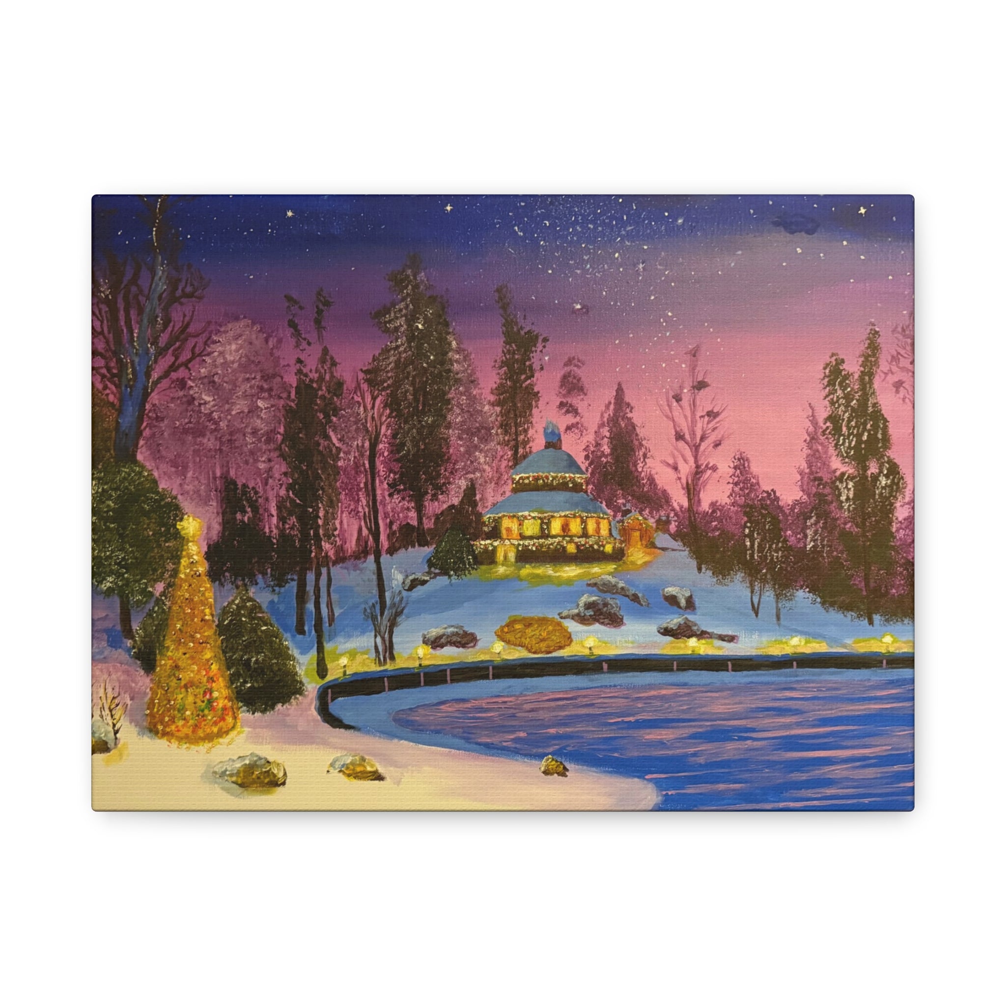 Christmas Night Lakeside Canvas Art Snowy Gazebo & Twinkling Sky Matte Stretched Wall Decor