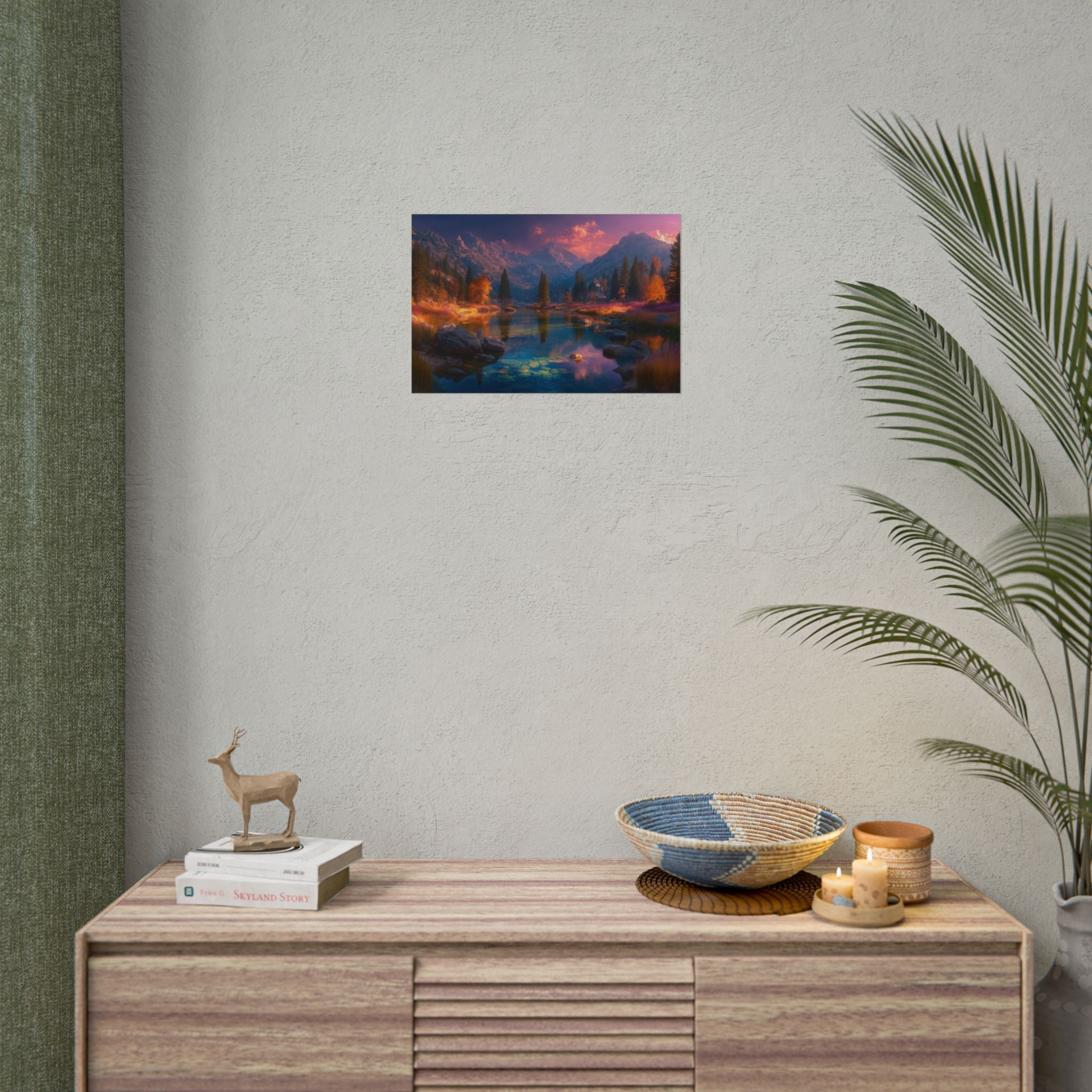 Mountain Lake Sunset  Serene Autumn Landscape Rolled Print