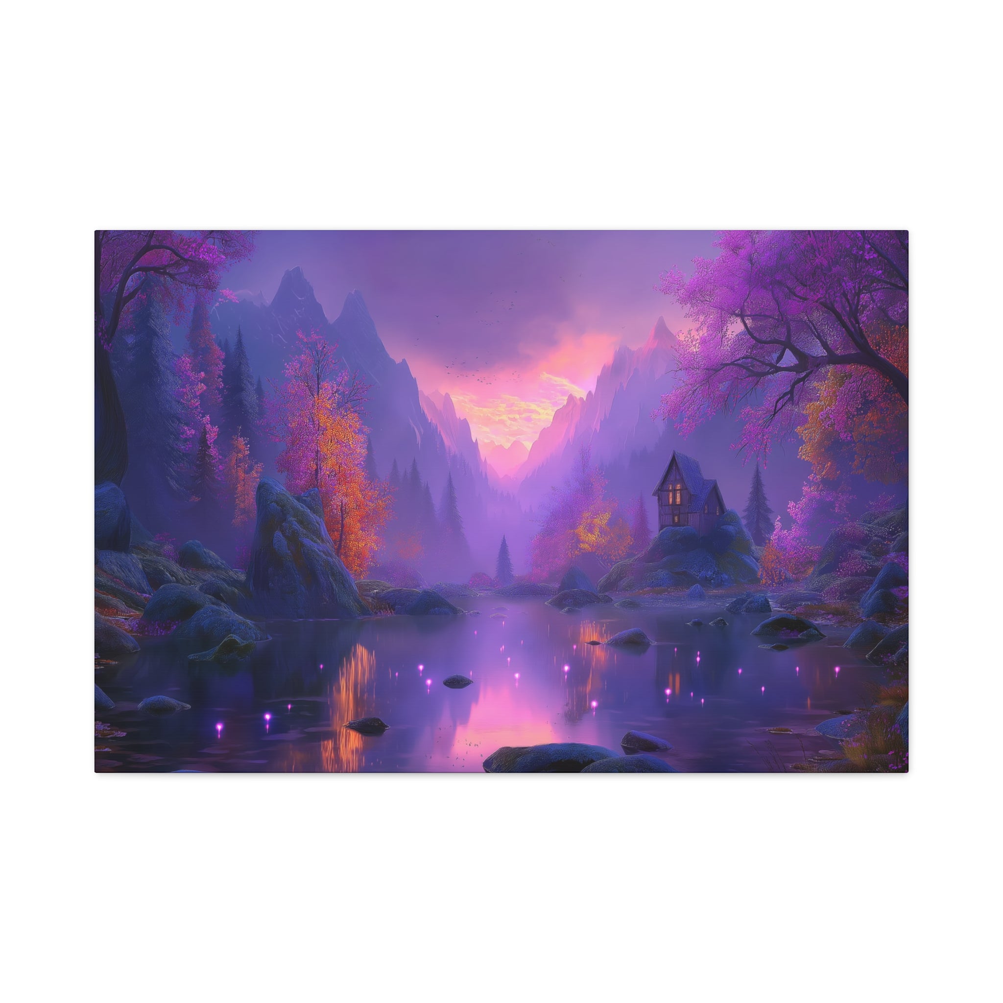 Mystical Purple Lake Landscape Canvas Fantasy Sunset Cottage Wall Art
